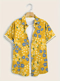 Men'S Casual Floral Short-Sleeve Button- Shirt - Light Green with White Daisy Print