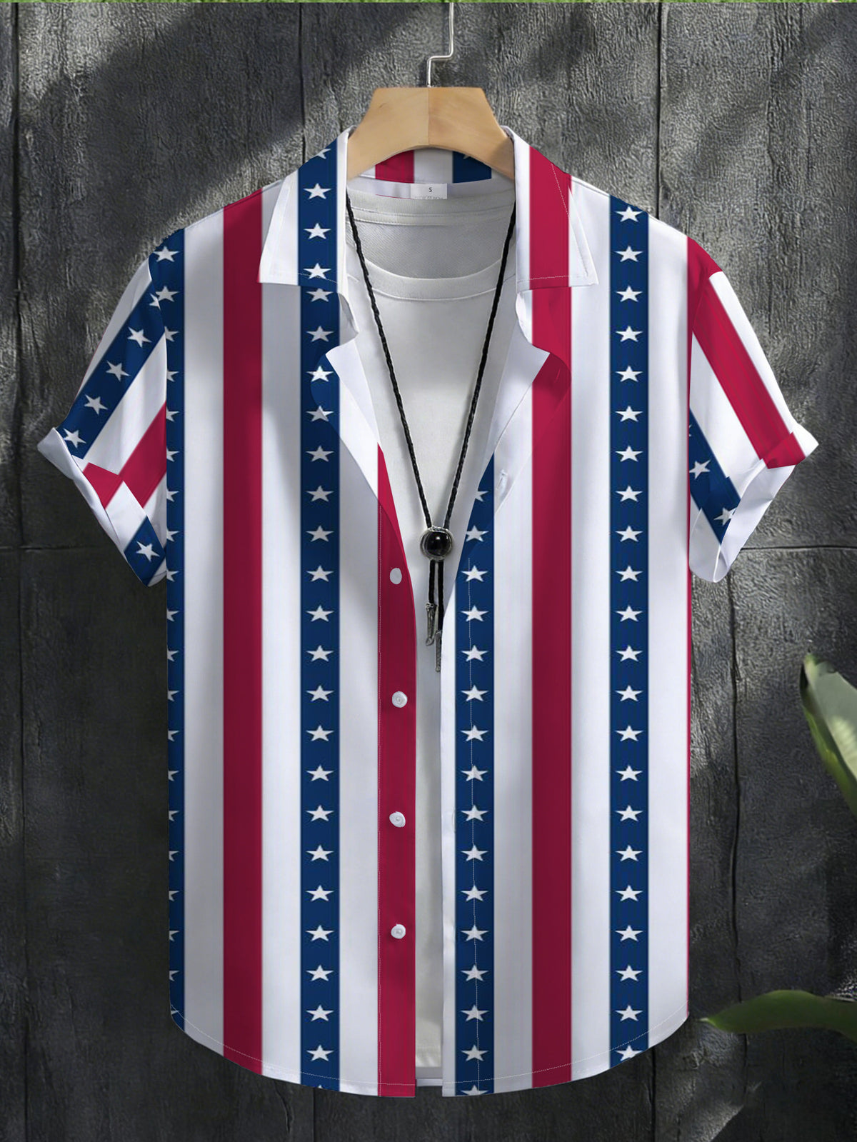 Men'S Casual Short Sleeve Shirt, Red White Stripes with Blue Background And White Stars Pattern, Fashionable All-Match Beach Vacation