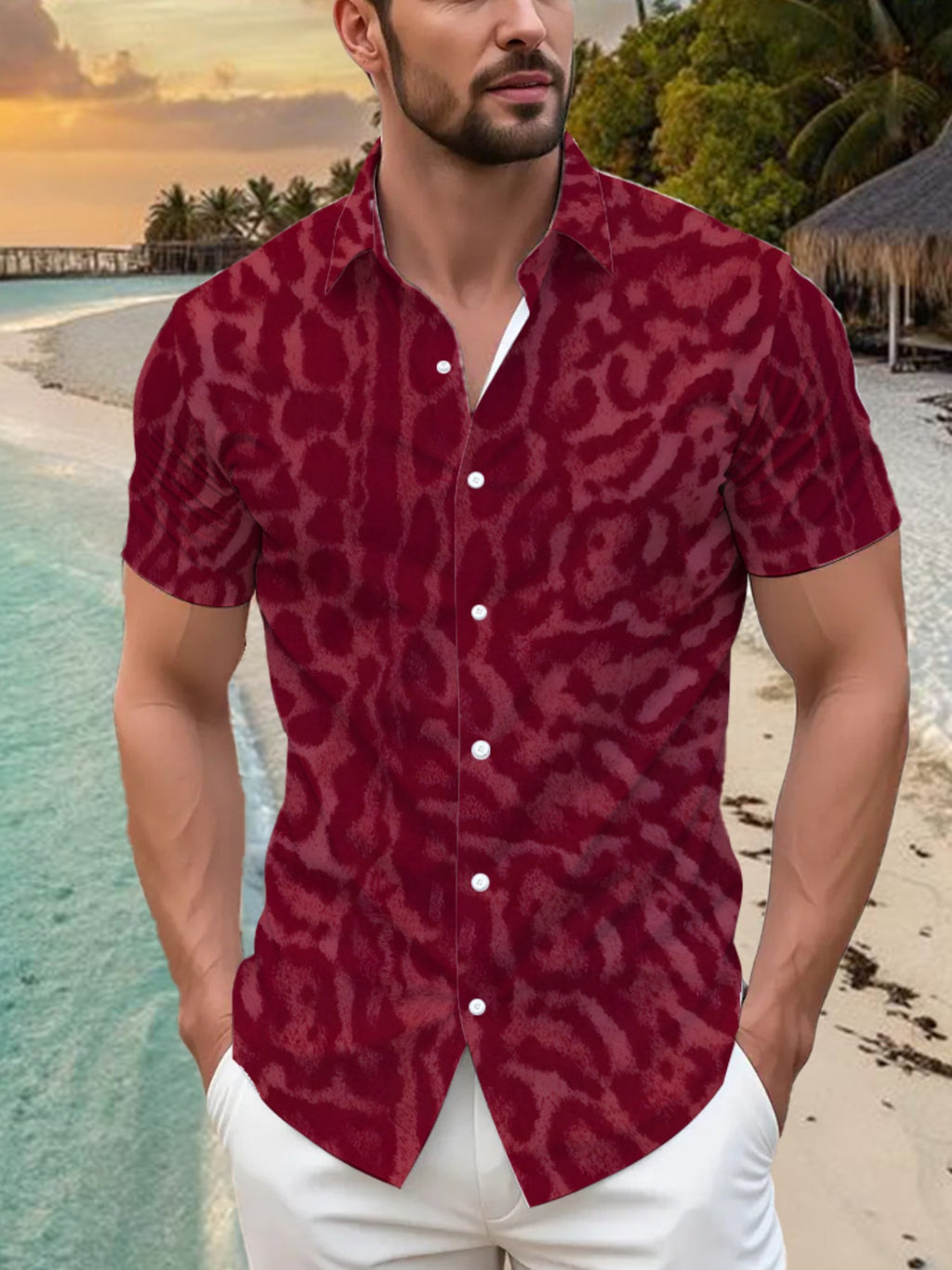Men's Tropical Red Short-Sleeve Button- Shirt - Loose Fit Casual Summer Beachwear with Collar & Full-Body Tropical Print, Button Front Placket for Outdoor & Smart-Casual Occasions