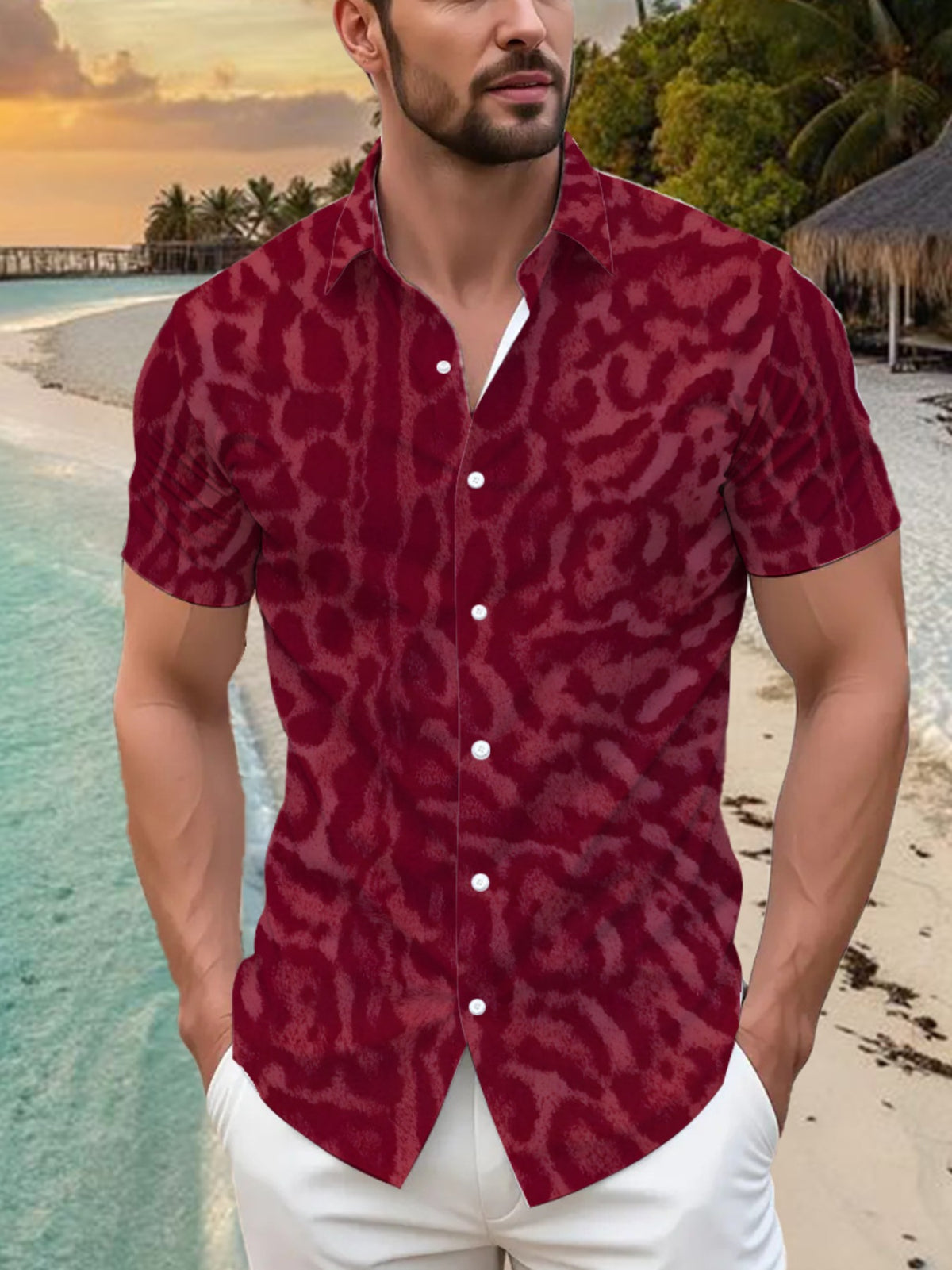 Men's Tropical Red Short-Sleeve Button- Shirt - Loose Fit Casual Summer Beachwear with Collar & Full-Body Tropical Print, Button Front Placket for Outdoor & Smart-Casual Occasions
