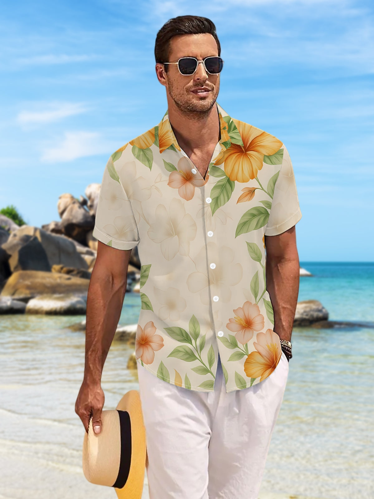 New Men's Casual Short-Sleeve Shirt, Warm Orange Hibiscus Flower with Light Base and Subtle Floral Leaf Shadow, Versatile Casual Top for Holiday Parties and Commuting, Polyester Fiber Fabric, Machine Washable, Button- Printed Shirt