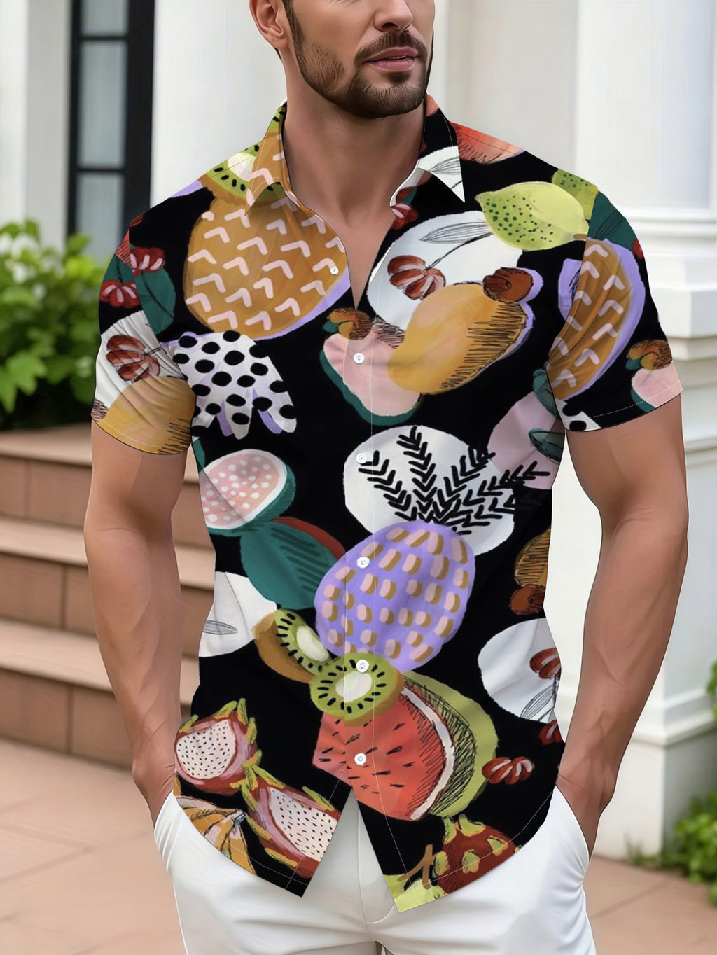 Men's Hawaiian Shirt Short-Sleeve Button-Up Beach Shirt with Collar & Flip-Front Button Closure - Tropical Palm Fruit Print Button Details, Loose Fit Hawaiian Button-Up Suitable for Summer Vacations, Beach Parties, Casual Streetwear