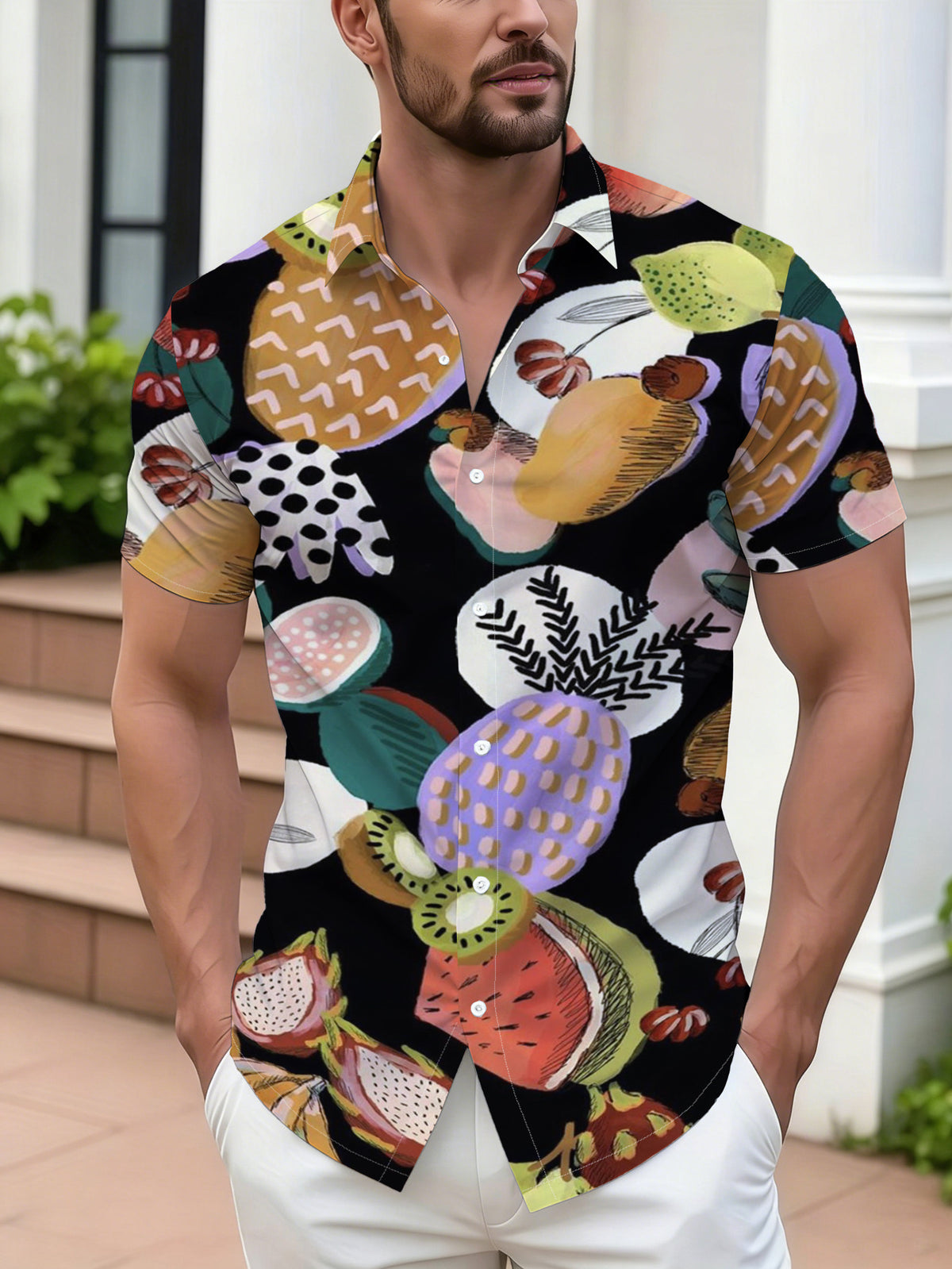 Men's Hawaiian Shirt Short-Sleeve Button-Up Beach Shirt with Collar & Flip-Front Button Closure - Tropical Palm Fruit Print Button Details, Loose Fit Hawaiian Button-Up Suitable for Summer Vacations, Beach Parties, Casual Streetwear