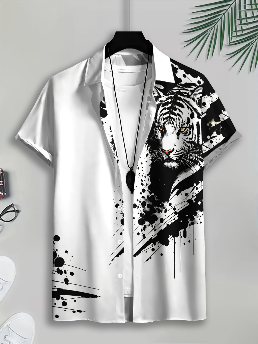 Casual Style Men'S Shirt, Print White Tiger Face with Black Ink Splatter, Summer Bold Animal Pattern Design