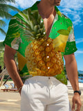 New Men's Casual Short-Sleeve Shirt with Fresh Pineapple and Iced Mint Leaf Print, Featuring a Sparkling Bubble Design for a Refreshing Feel. A Versatile Top for Holiday Gatherings, Commuting, and Casual Wear. Made of Polyester Fiber and Machine