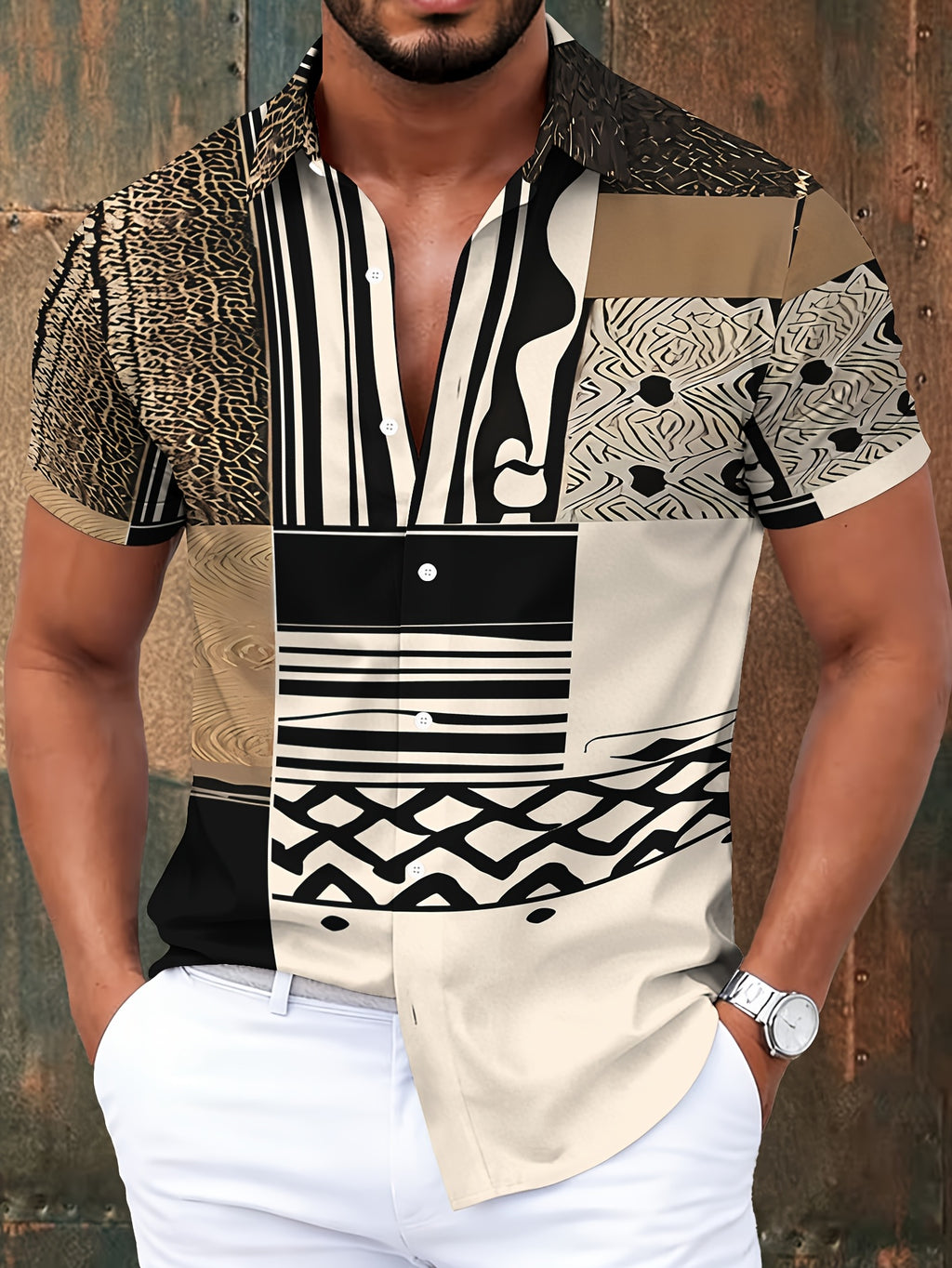 Men'S Casual Shirt, Abstract Animal And Geometric Patterns Print, Summer Bold Design with Leopard Stripes And Tribal Motifs