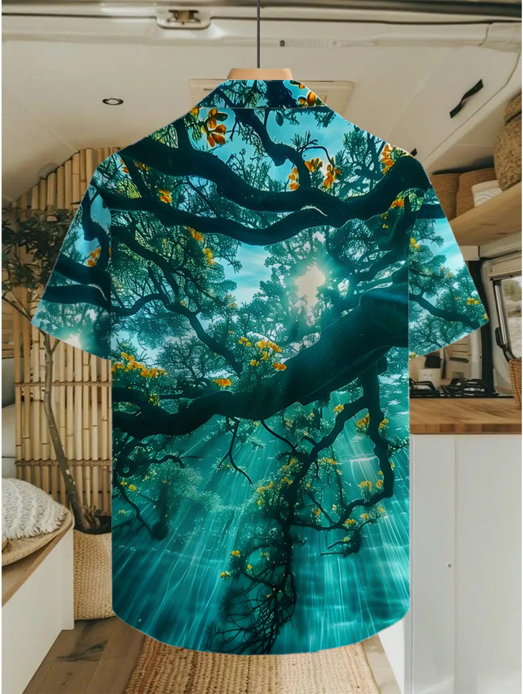 Fashion Hawaiian Men's Casual Sunlight Through Forest Pattern Shirt, Regular Fit Turn- Collar, Button Front, Outdoor Travel Clothing