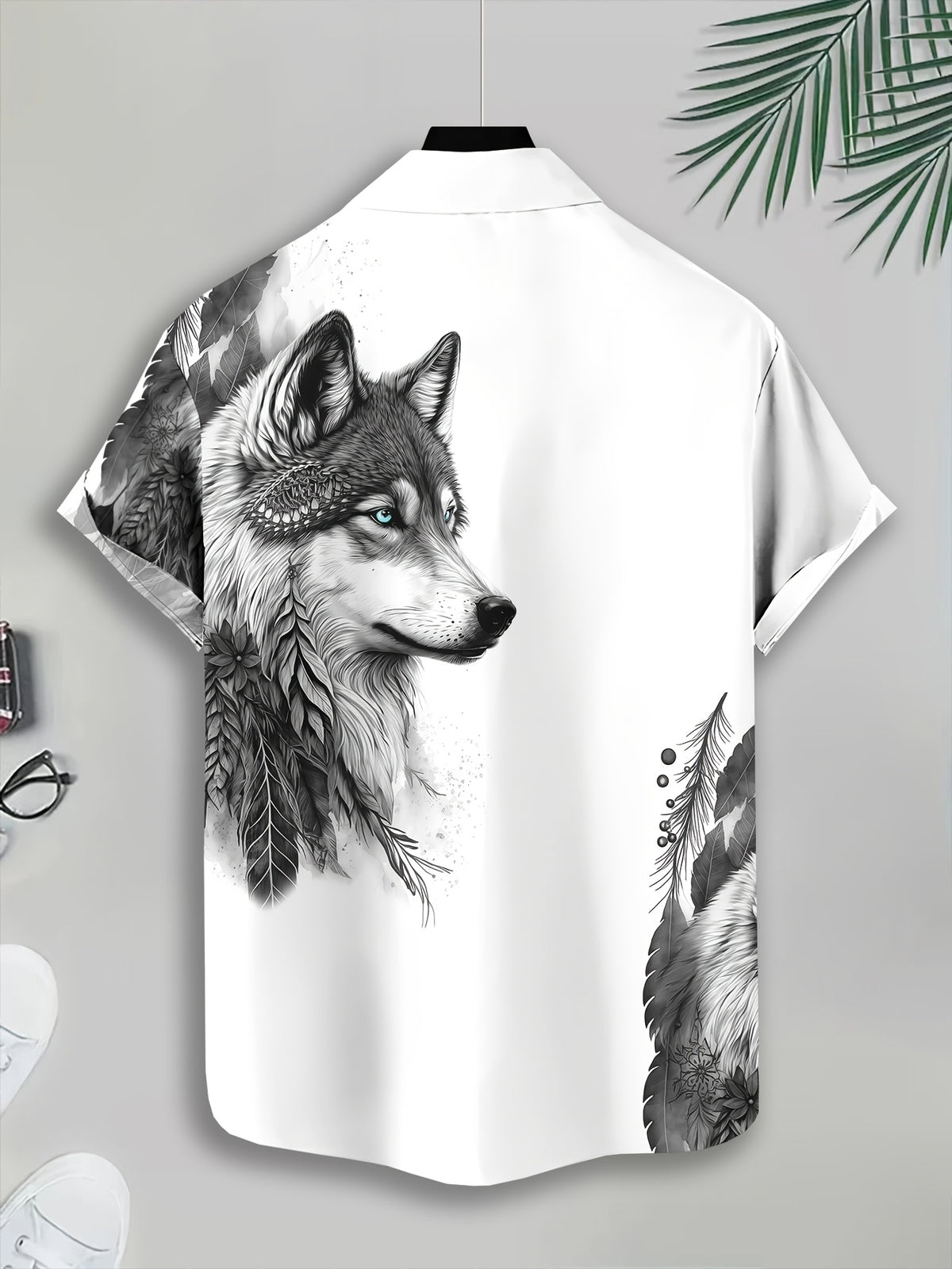 Casual Style Men'S Casual Shirt, Printed White Wolf And Feather Pattern Summer Detailed Animal Design