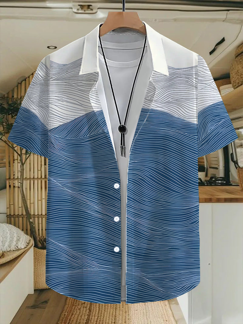 Men's Casual Shirt with Fun Hawaiian Tropical Blue and White Wave Pattern Patchwork Print - Short Sleeve Button-Up Design for Summer Outdoor and Casual Wear, Daily Outfits
