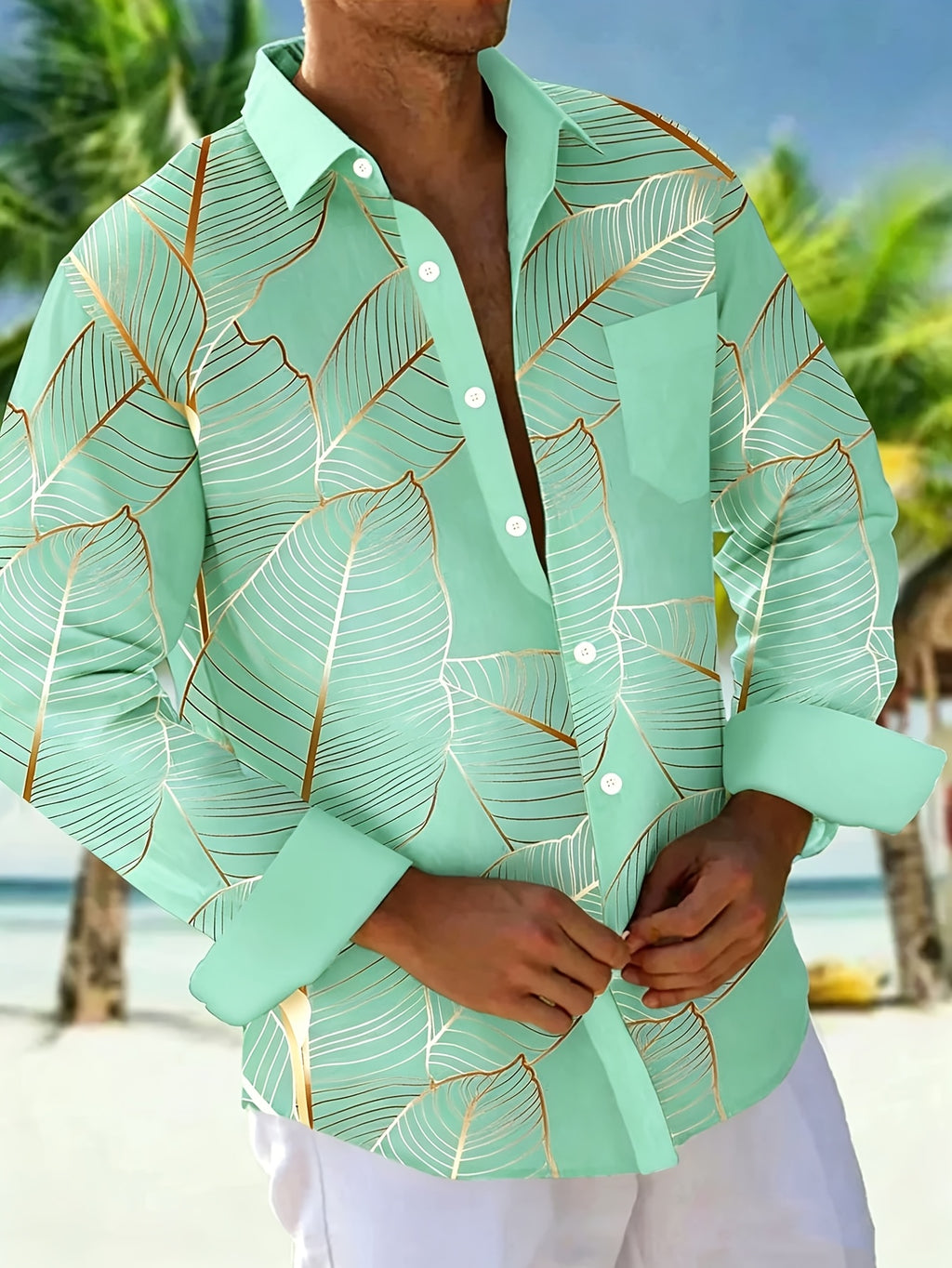 Hawaiian Botanical Leaf Gradient Print Men's Plus Size Button-Up Pocket Long Sleeve Shirt, PLUS SIZE