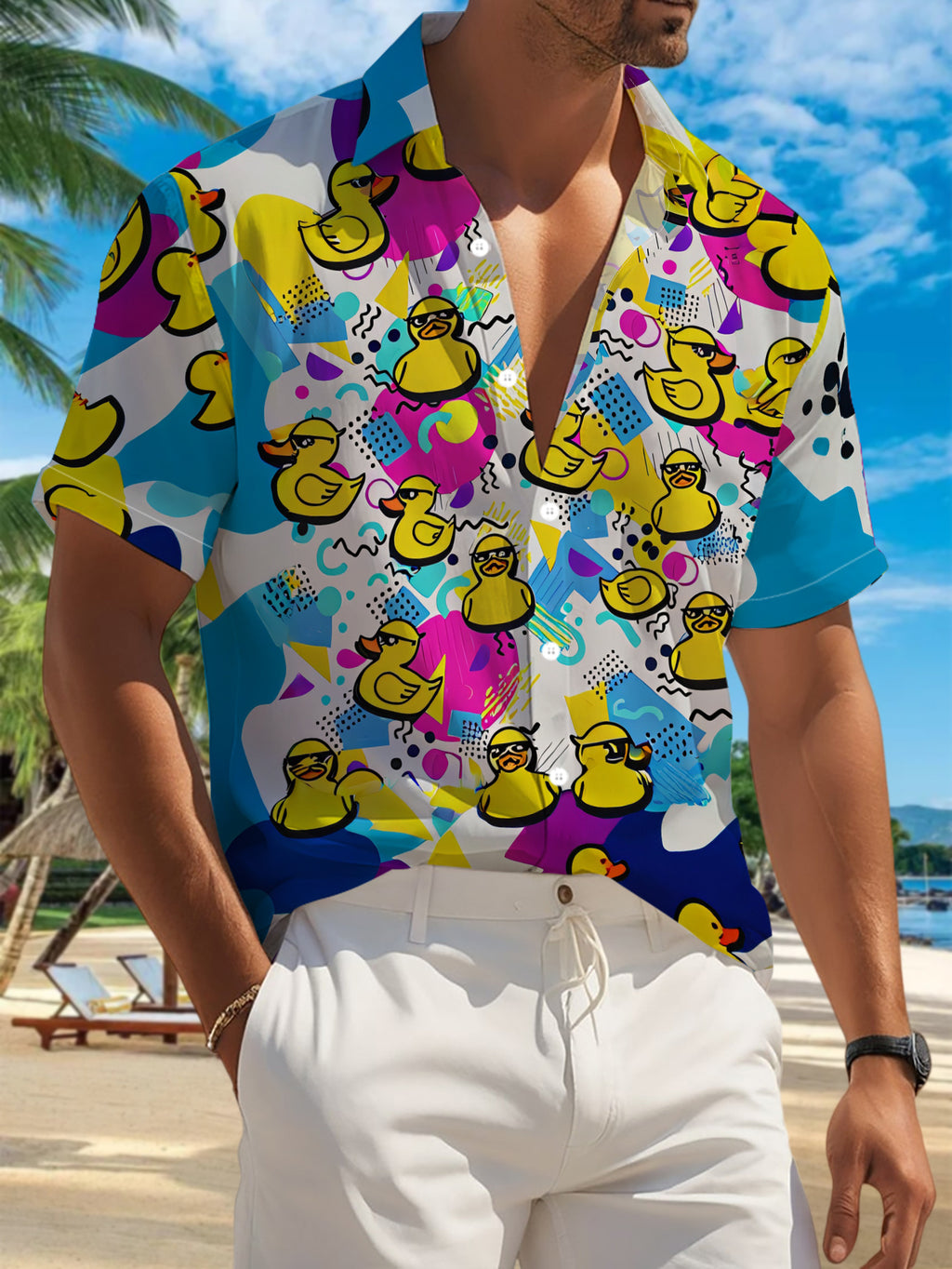 New Men'S Casual Short Sleeve Shirt, Full Screen Yellow Duck, Contrast Background, Childlike Fun, Festive Gathering Commute All-Match, Fabric Machine Washable, Button Print Shirt
