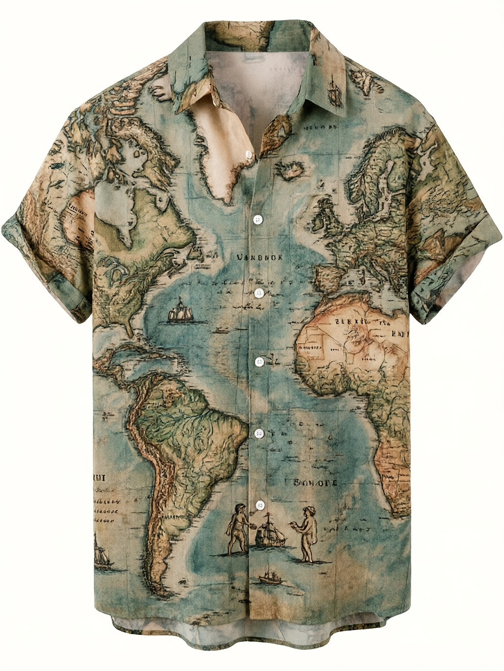 Men's Vintage World Map Travel Style Shirt, Military Green Base + Vintage World Map, Strong Travel Vibe, Simple Texture, Suitable for Travel Enthusiasts and Summer Daily Wear - [Printed Design - Not Texture]