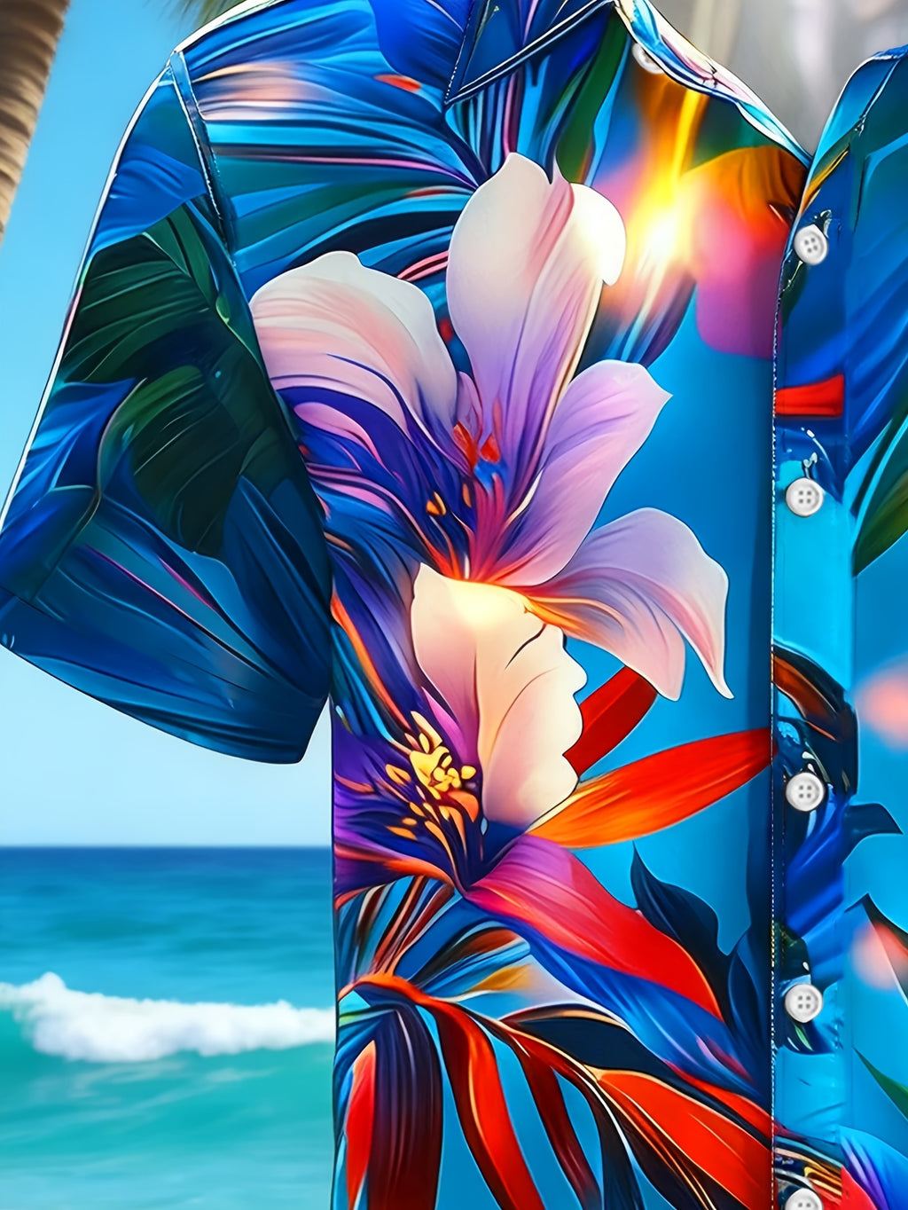 Hawaiian Floral Print Men'S Plus Size Button-Up Short Sleeve Shirt