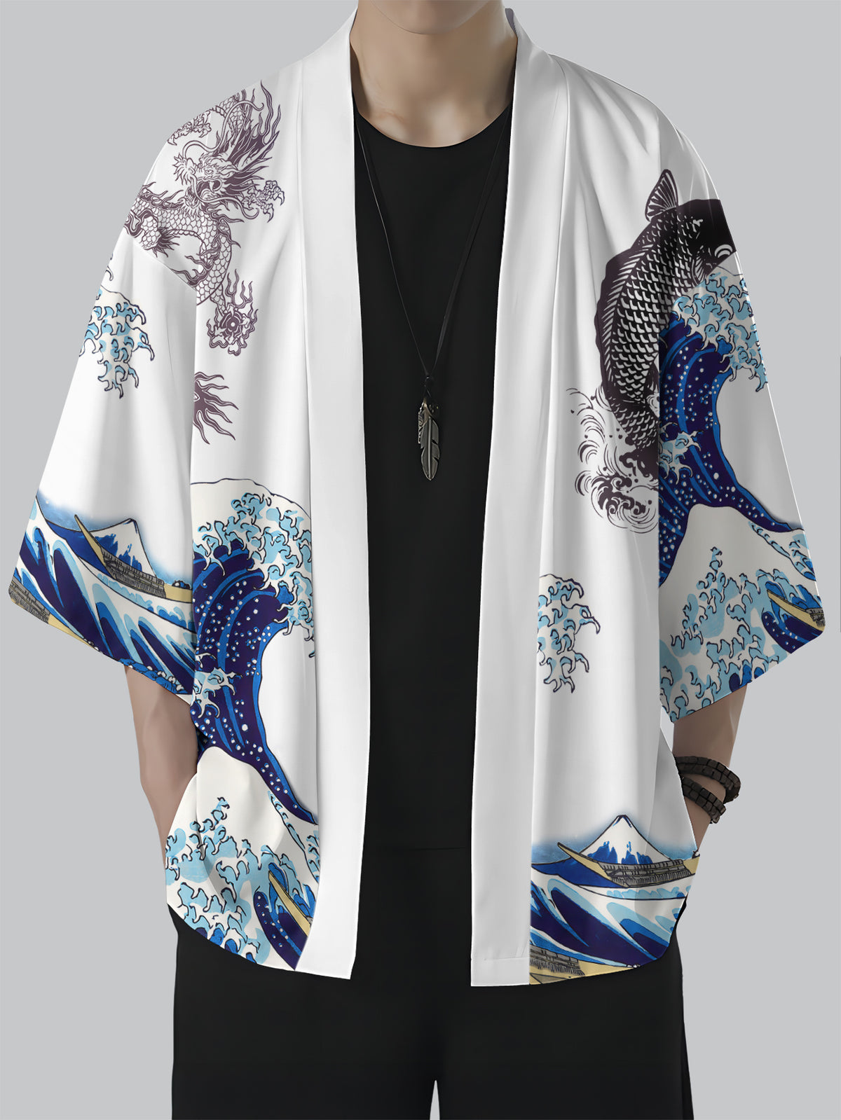 Casual Men'S Kimono Cardigan, Printed White Dragon And Koi Fish Wave Pattern, Summer Dynamic Ocean Waves And Mountain Scene