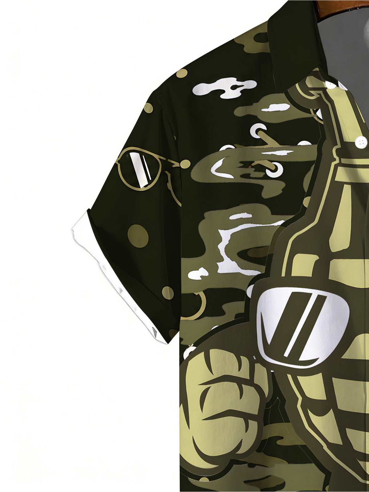 Men'S Short-Sleeve Shirt, Dark Green Street Style with Cartoon Hand Grenade Graffiti, Fashionable And Trendy Design