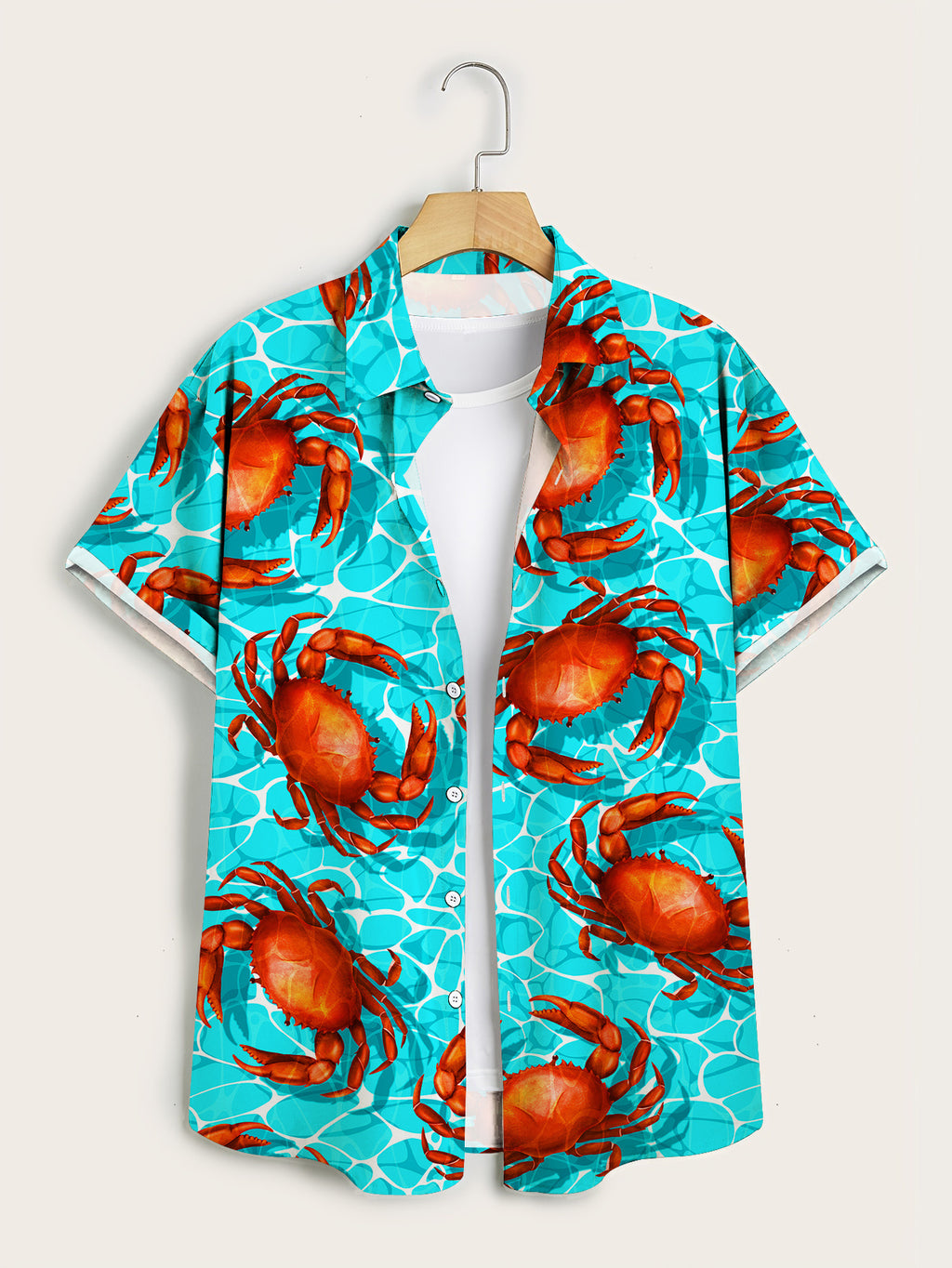 Men'S Beach Water Ripple Crab Print Short Sleeve Shirt, Summer Seaside Vacation Beach Outing