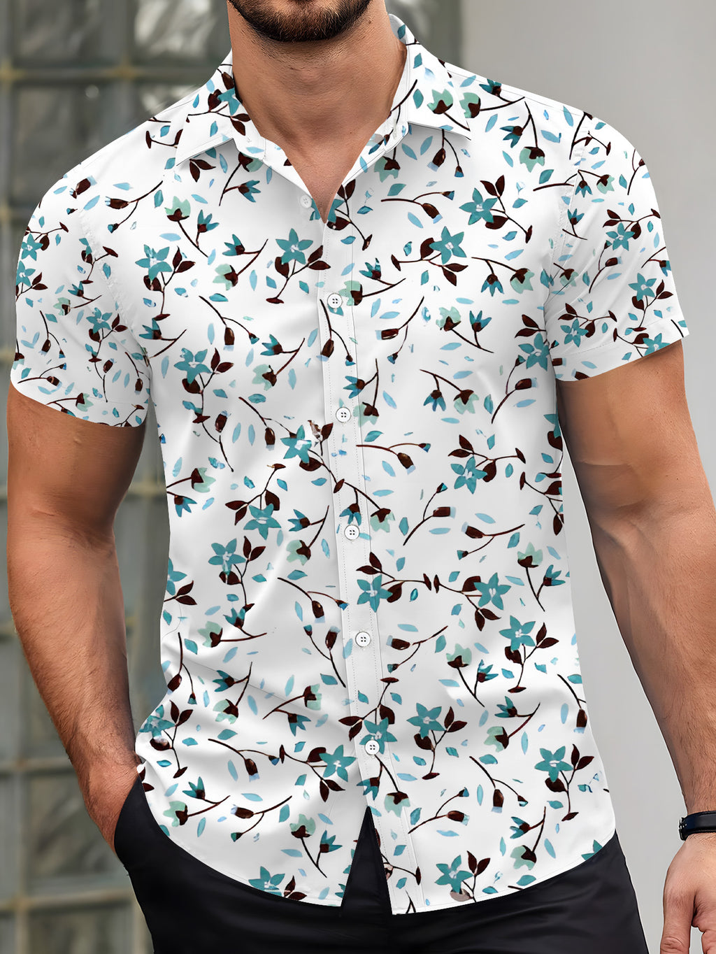 New Men's Casual Short-Sleeve Printed Shirt with Blue and White Floral Pattern, Fresh Style with Flowers and Leaves. Summer Men's Short-Sleeve Printed T-Shirt, Basic Style Men's Apparel, Daily Work Top, Fashionable Loose-Fit Casual Short-Sleeve