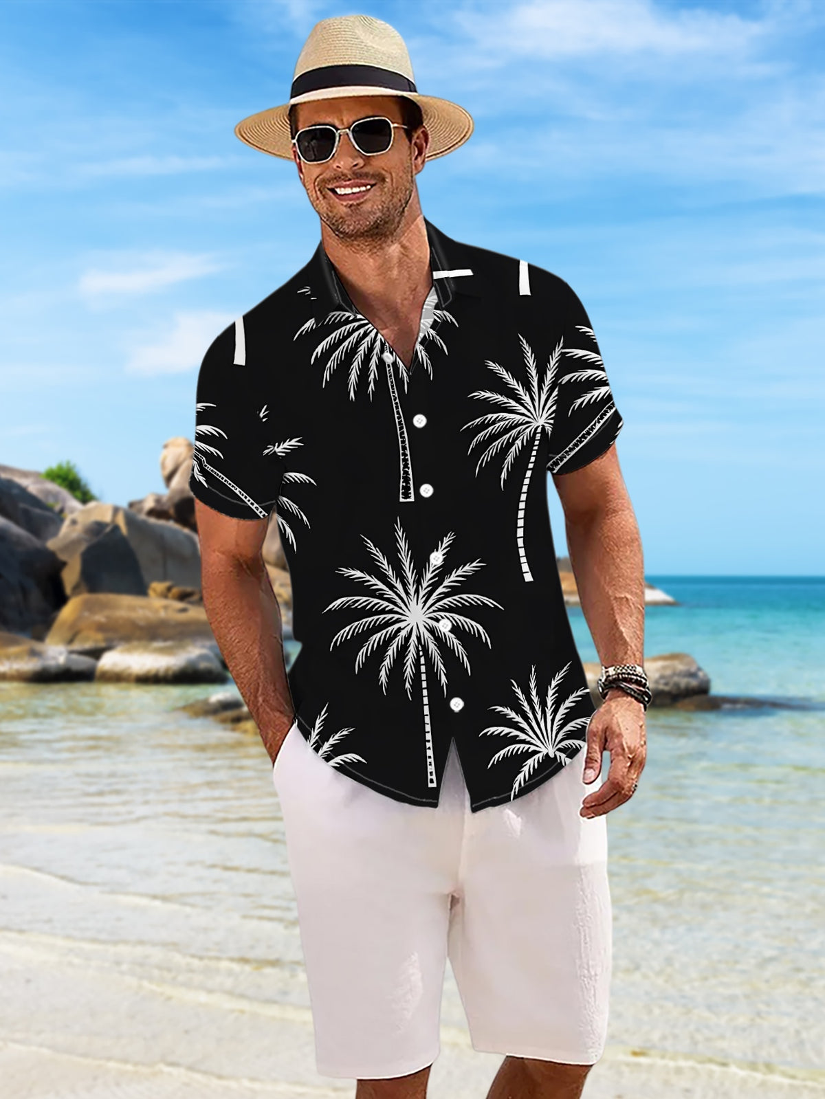 New Men'S Casual Short-Sleeve Shirt with a Black Background And White Palm Tree Prints Arranged in a Repeating Pattern, Suitable for Festive Gatherings, Commuting, And Versatile Casual Wear. Made from Machine-Washable Polyester Fabric