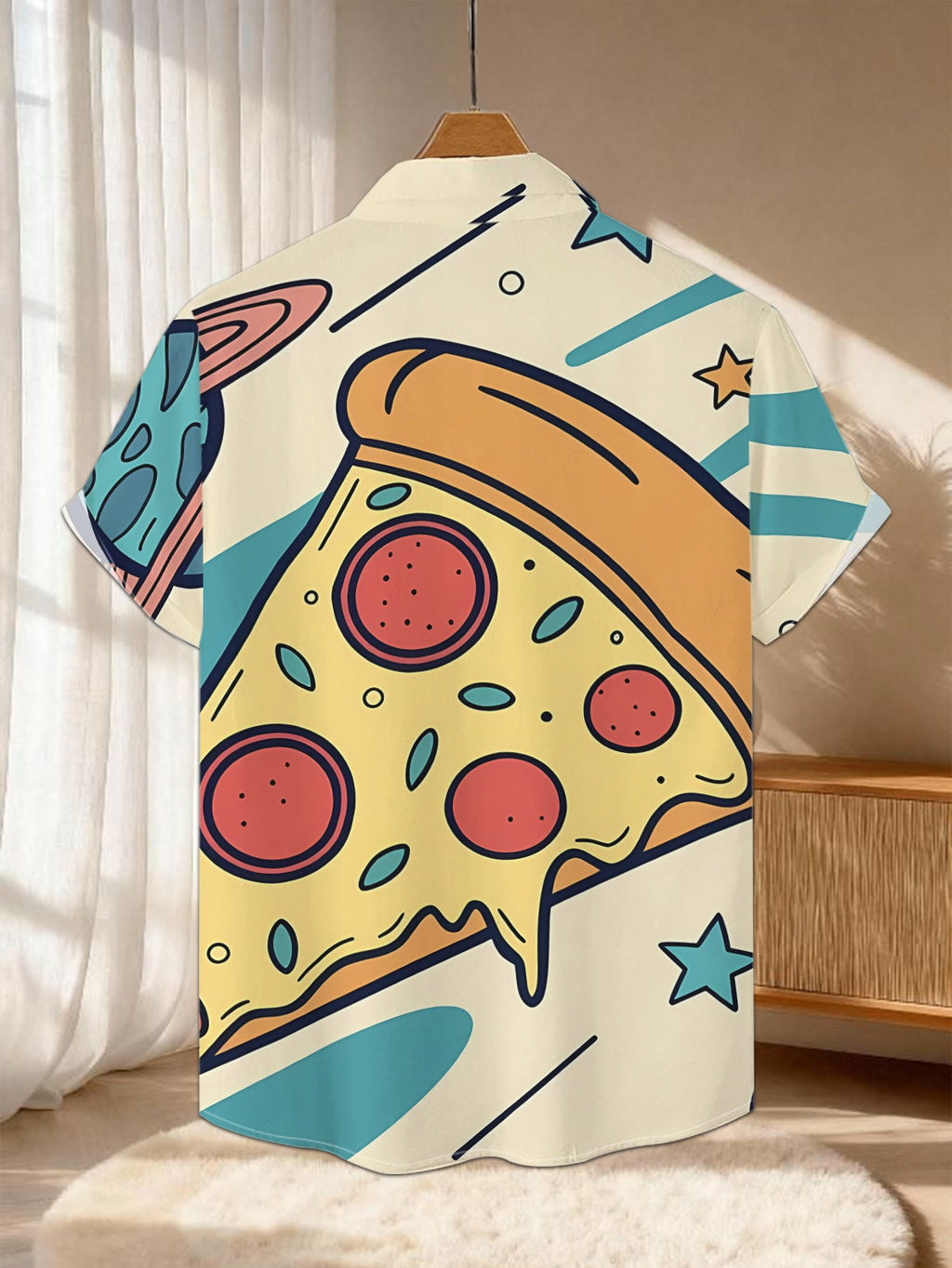 New Men'S Casual Short-Sleeved Shirt, a Slice of Italian Sausage Pizza Flying in Space, Versatile for Holiday Gatherings And Commuting, Polyester Fiber Fabric Is Machine Washable, Button- Print Shirt