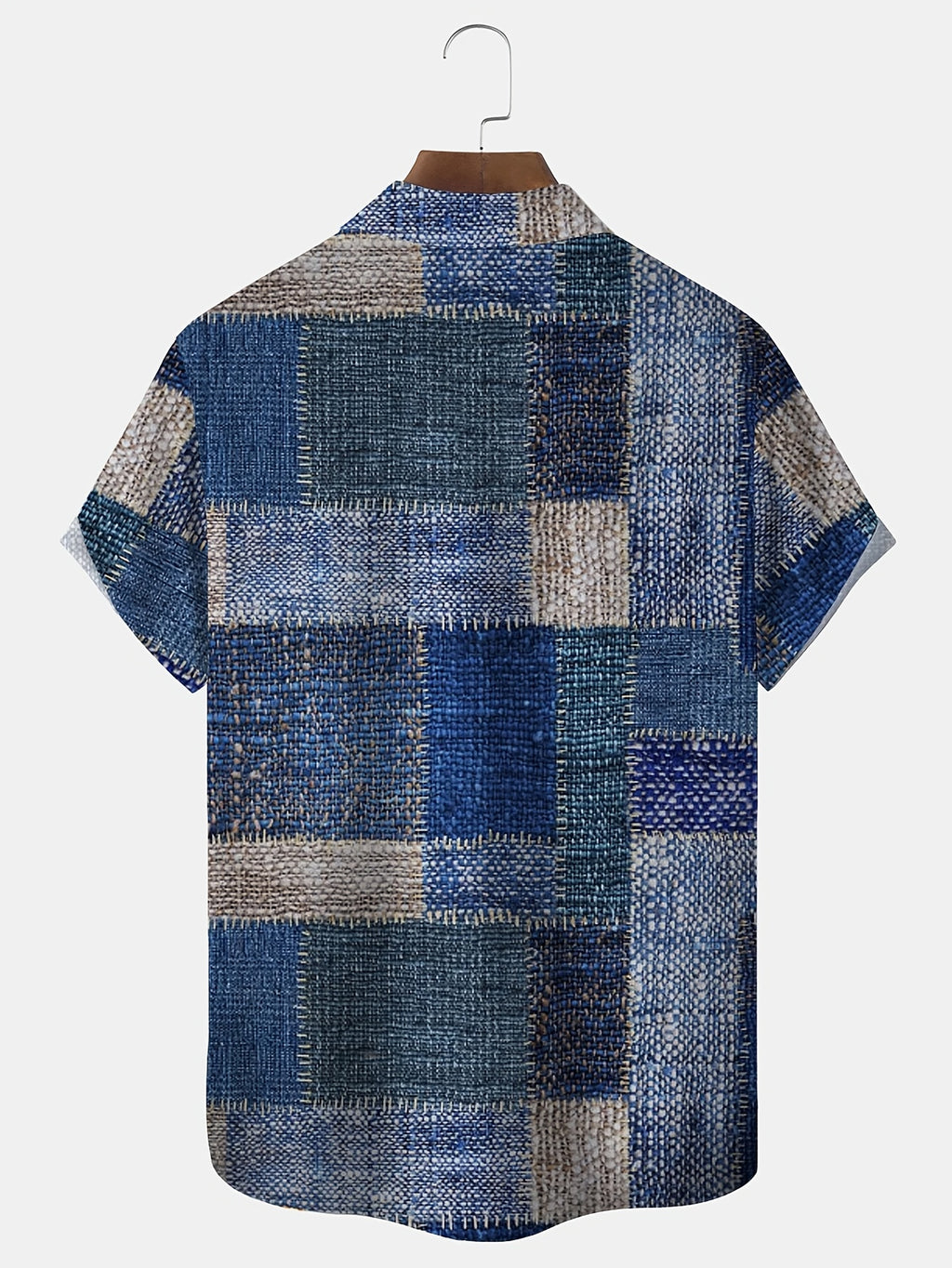 Vintage Geometric Faux Denim Color Block Patch Print Men'S Button Short Sleeve Hawaiian Shirt