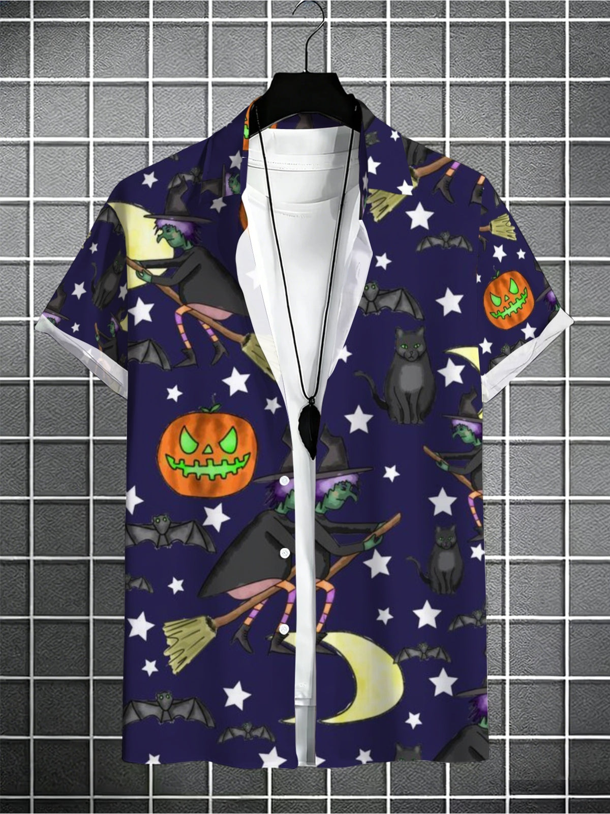 Men'S Navy Blue Cartoon Witch, Pumpkin, Black Cat, Bat, And Star Print Hawaiian Shirt, Turn- Collar Short Sleeve Buttoned Beach Vacation Shirt, Casual Turn- Collar Top for Young Men'S Halloween Party