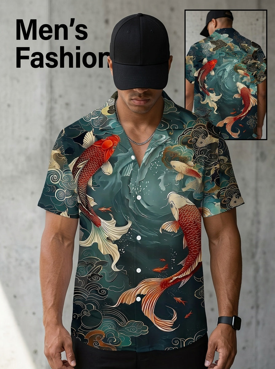 [Print Design - Not Texture] Fish Print Men'S Casual Short Sleeve Hawaiian Shirt, Summer Vacation Destination Men'S Shirt, Men'S Top, Men'S Gift