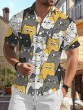New Men'S Casual Short Sleeve Shirt, Gray Black White Yellow Multi-Color Dense Cat Patterns with Different Expressions, Holiday Party Commute Versatile, Polyester Fabric Machine Washable, Button-Up Print Shirt