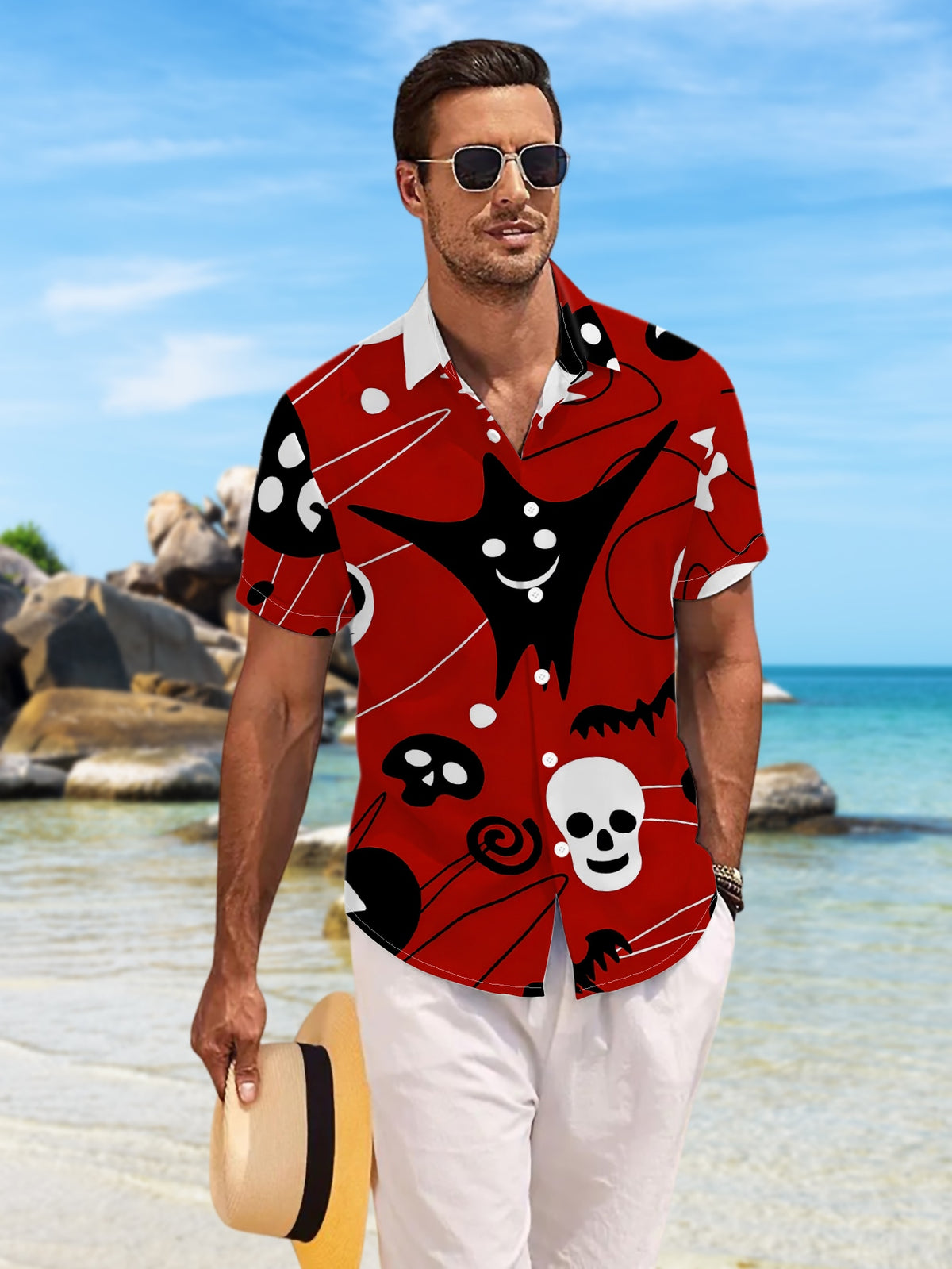 New Men'S Casual Short-Sleeve Shirt with a Red Background Featuring Black And White Halloween-Themed Designs, Perfect for Holiday Gatherings, Commuting, And Versatile Casual Wear. Made from Machine-Washable Polyester Fabric