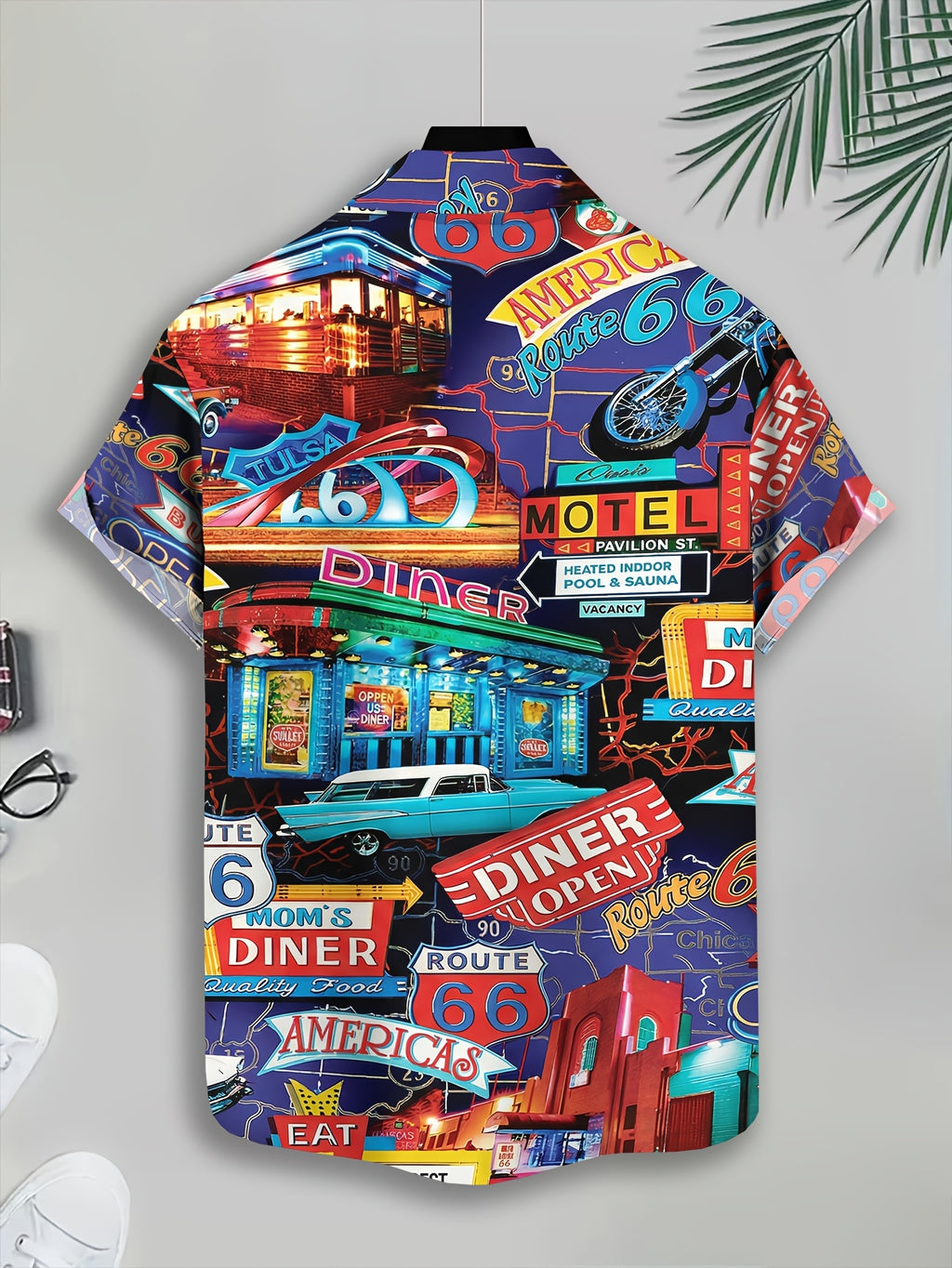 Retro American Style Men's Casual Shirt, Colorful Prints, Blue Background, Route 66, Motorcycle, Restaurant, Car, Signboard, Text Theme, Summer, Lively Street Scene, Fashionable Casual Short-sleeve Shirt, Travel