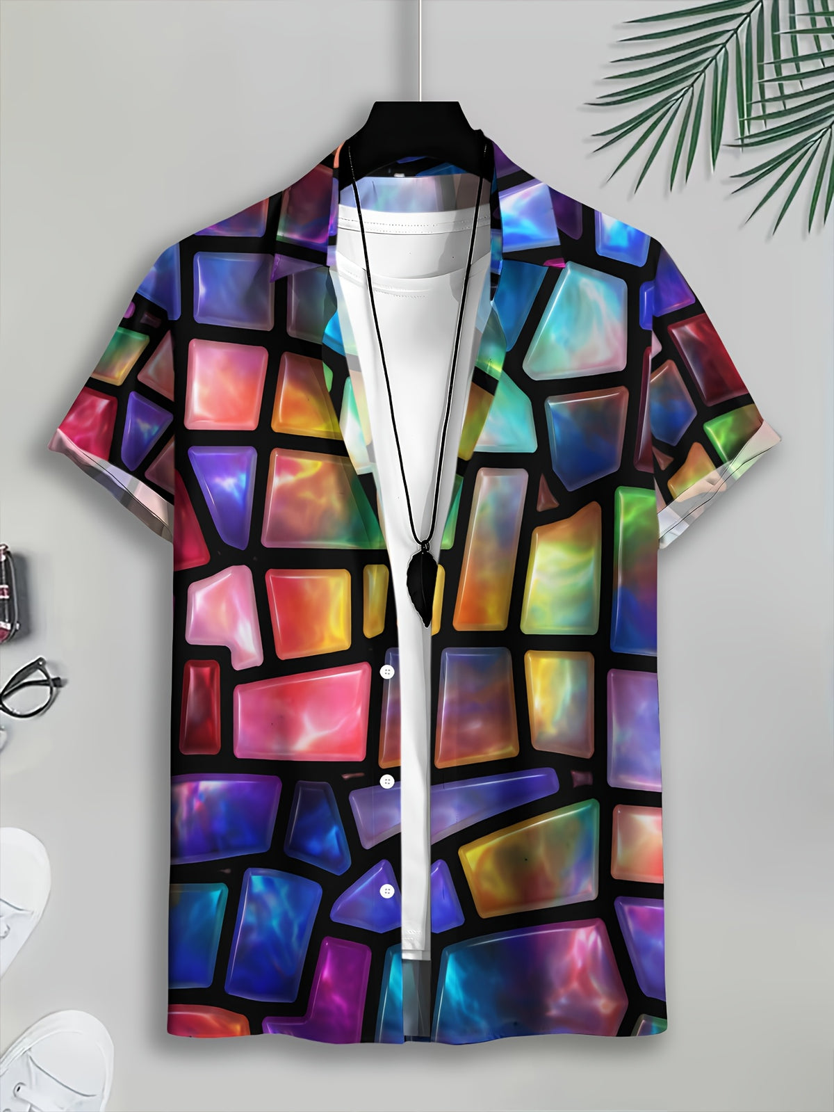 Colorful Geometric Abstract Men'S Casual Shirt Printed Stained Glass Pattern Summer Vibrant Multicolor Design