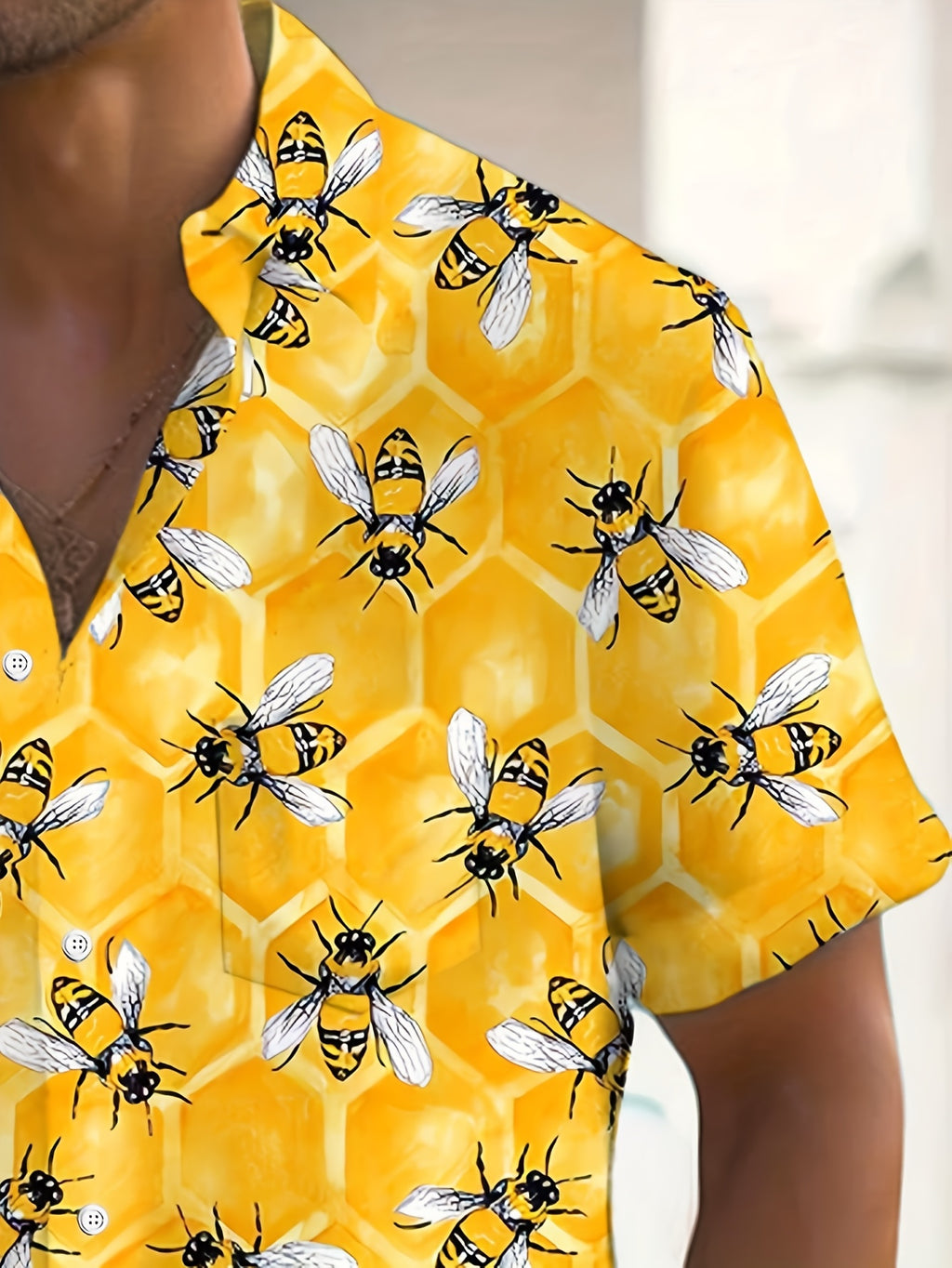 Men's Plus Size Hawaiian Honey Digital Print Button- Pocket Short Sleeve Shirt