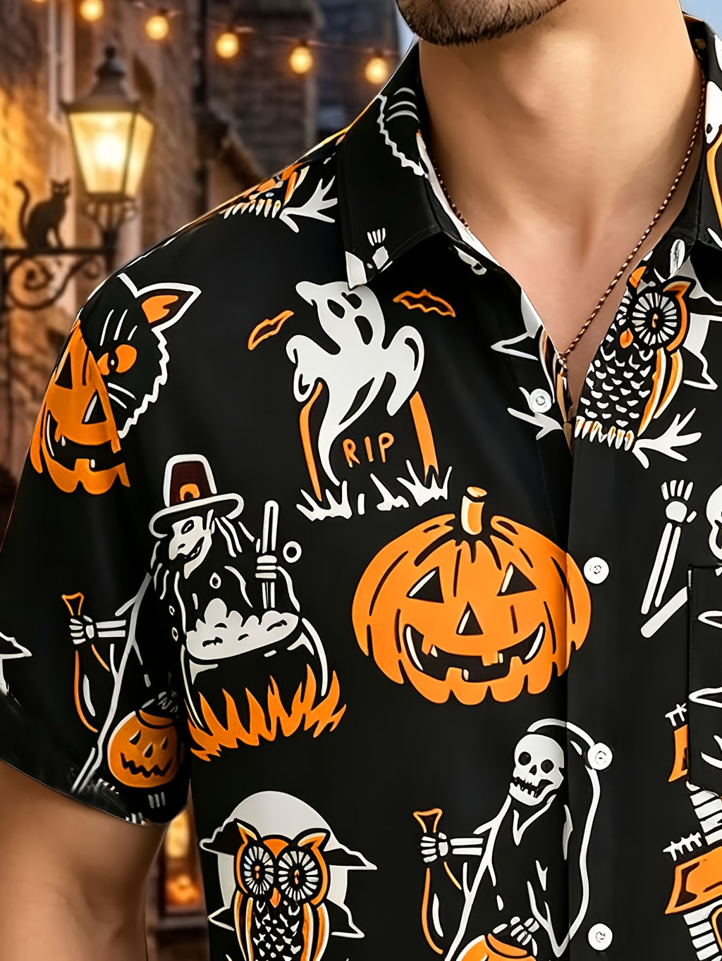 Halloween Pattern Print Men's Plus Size Holiday Short Sleeve Shirt, PLUS SIZE