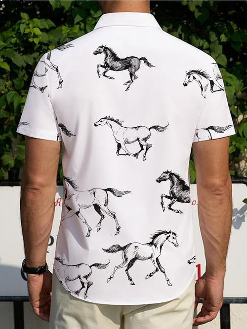 2025 Summer New Men'S Short-Sleeve Shirt Featuring a Stylish Galloping Horse Pattern, Loose Fit, Casual, Breathable, Quick-Drying Vacation Beach Shirt