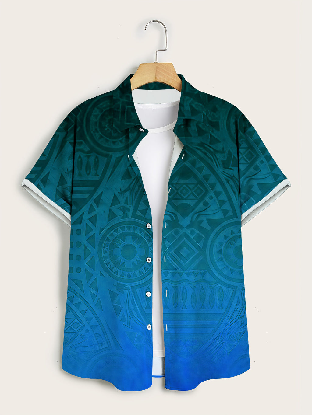 Men's Gradient Blue Polynesian Tribal Totem All-Over Print Short Sleeve Shirt, Lightweight and Draping, for Hawaiian Island Vacation Beach Outfits