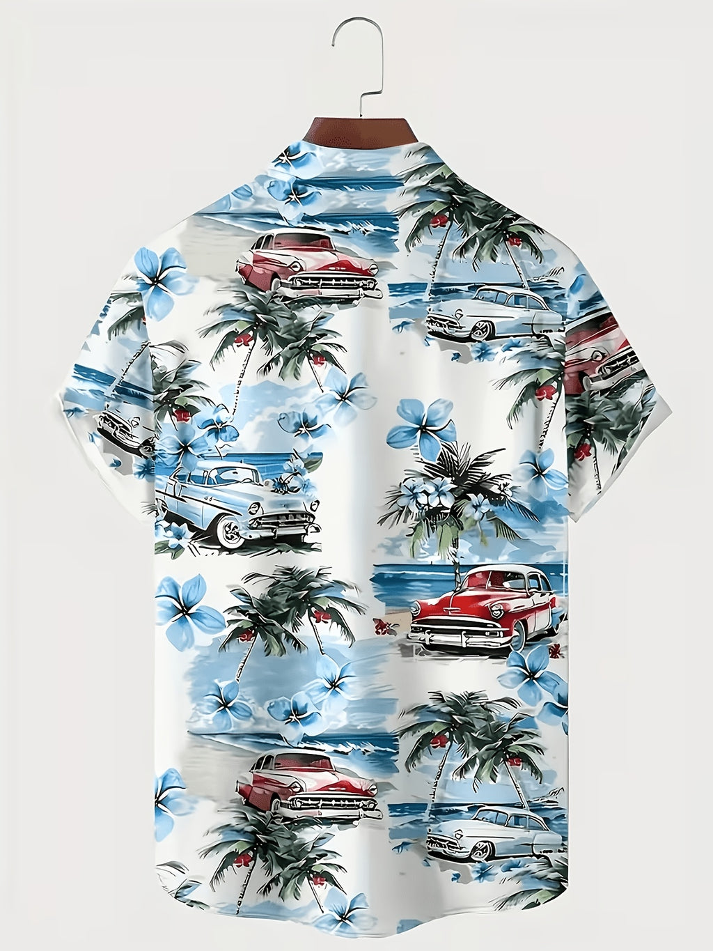 Men's Hawaiian Shirt with Tropical Print and Short Sleeves- Vintage Beach Style with Classic Car and Palm Tree Design, Button Collar, Lightweight Summer Vacation, Loose Summer Protection Pants| Hawaiian Buttons| Smooth Texture
