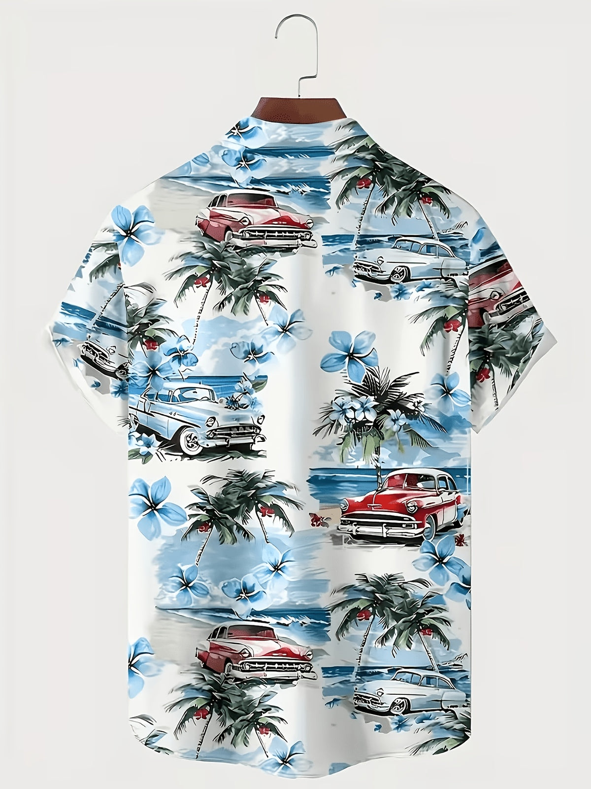 Men's Hawaiian Shirt with Tropical Print and Short Sleeves- Vintage Beach Style with Classic Car and Palm Tree Design, Button Collar, Lightweight Summer Vacation, Loose Summer Protection Pants| Hawaiian Buttons| Smooth Texture