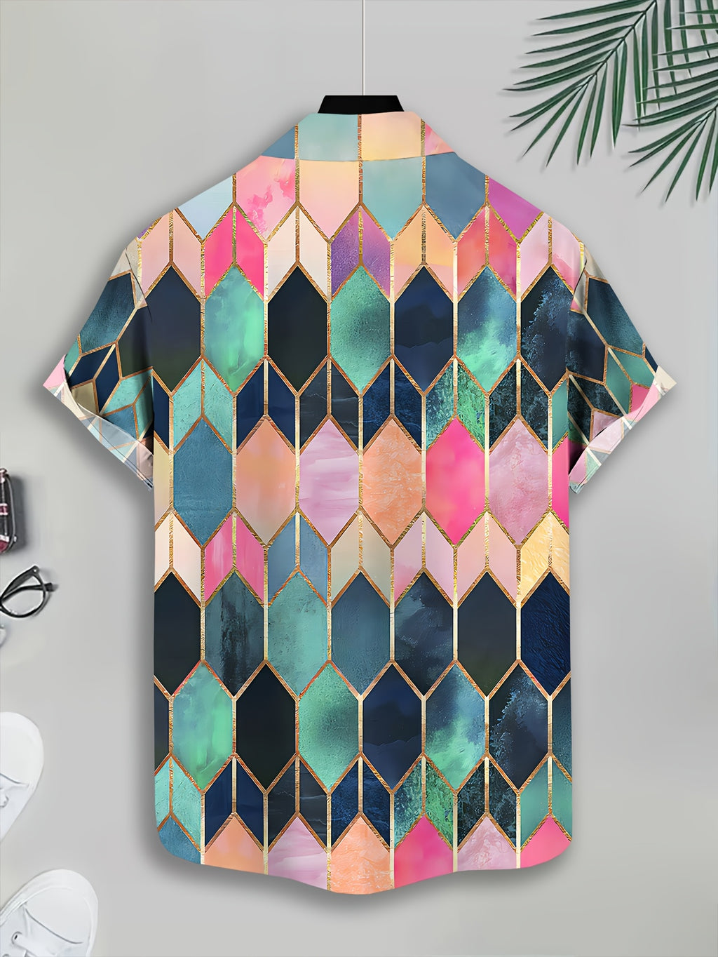 Geometric Pattern Men's Casual Shirt Print Multicolor Diamond Design Summer Vibrant Colors And Golden Accents
