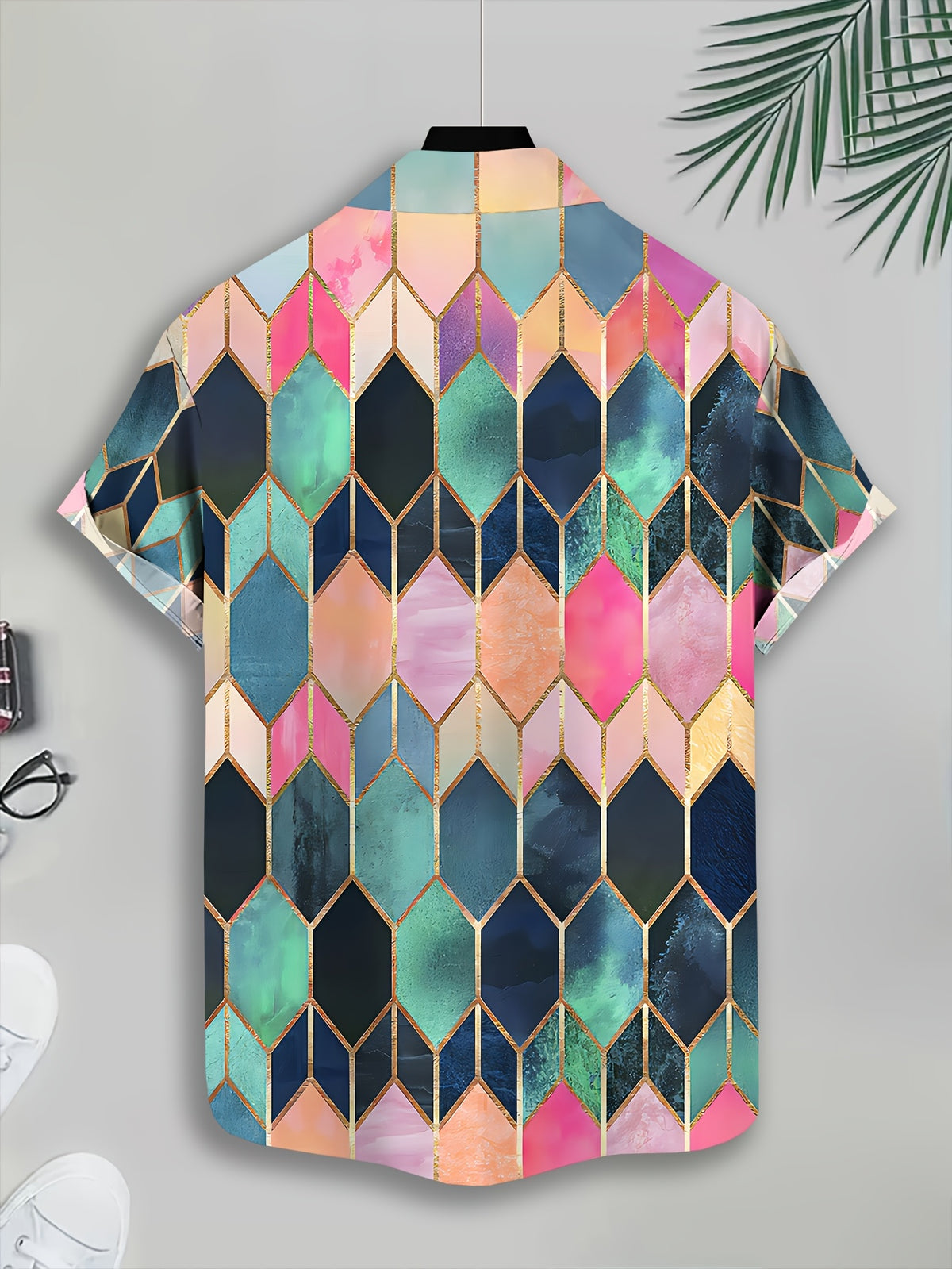 Geometric Pattern Men's Casual Shirt Print Multicolor Diamond Design Summer Vibrant Colors And Golden Accents