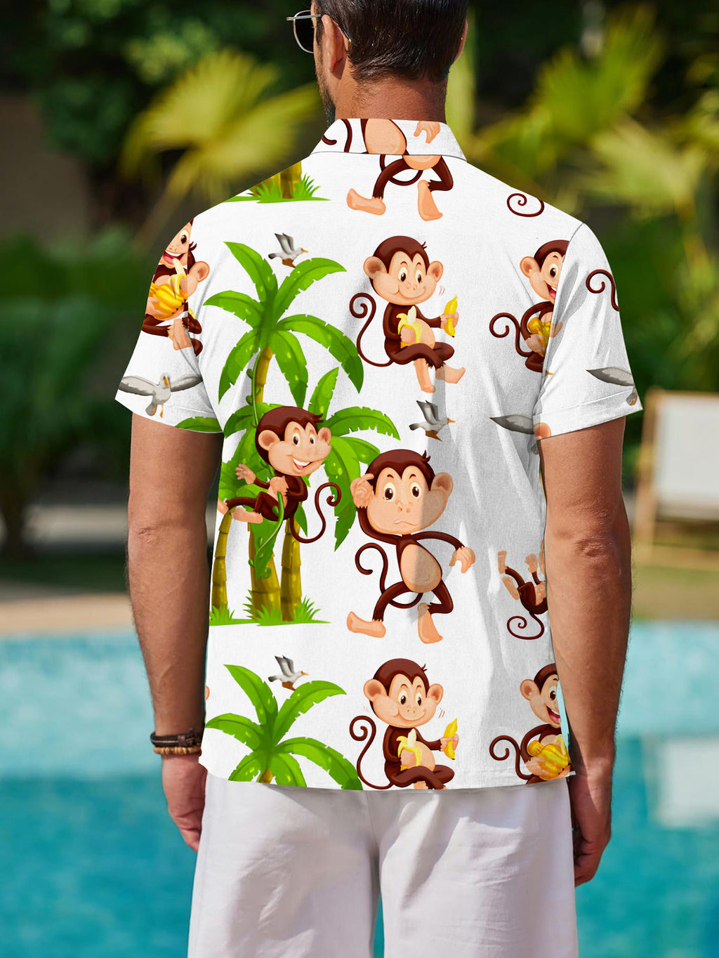 Men'S Tropical Monkey And Palm Tree Print Shirt - Hawaiian Style Short Sleeve Beach Shirt, Lightweight Non-Stretch Fabric Suitable for Summer Vacation, Parties, Casual Wear - Easy Care Button-Up Collar Design, Hawaiian Style Top, Fun Pattern