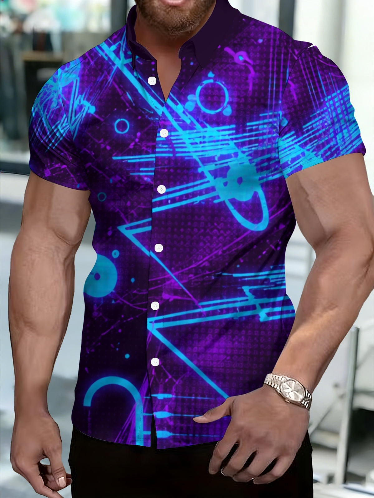 Men'S Short-Sleeve Button-Up Shirt, Geometric Pattern, Casual Turn- Collar, Fashionable Summer Wear