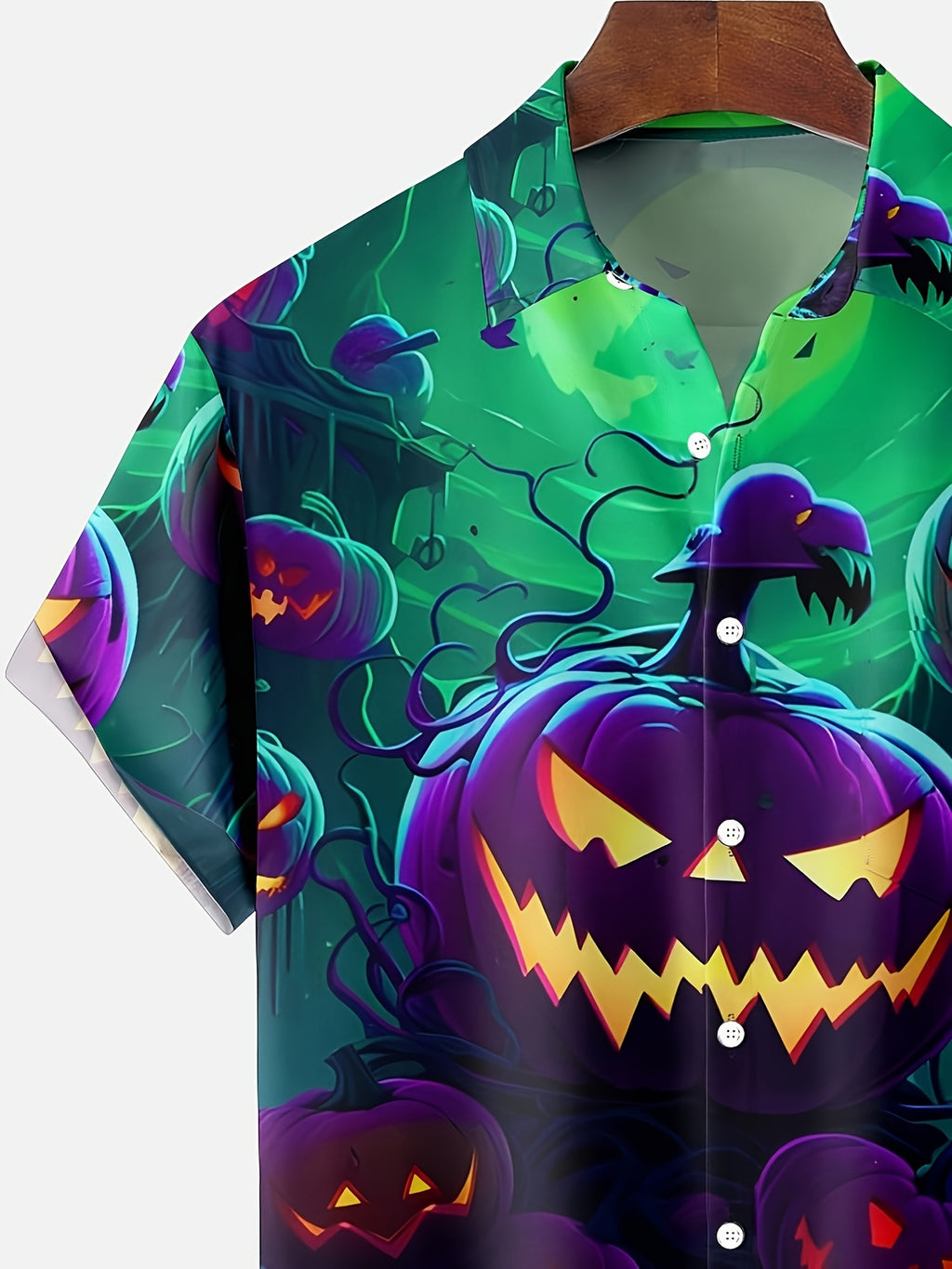 Men'S Dark Glow-In-Dark Pumpkin Lantern Halloween Print Short Sleeve Shirt, Soft And Breathable, Halloween Party Horror Theme Outfit