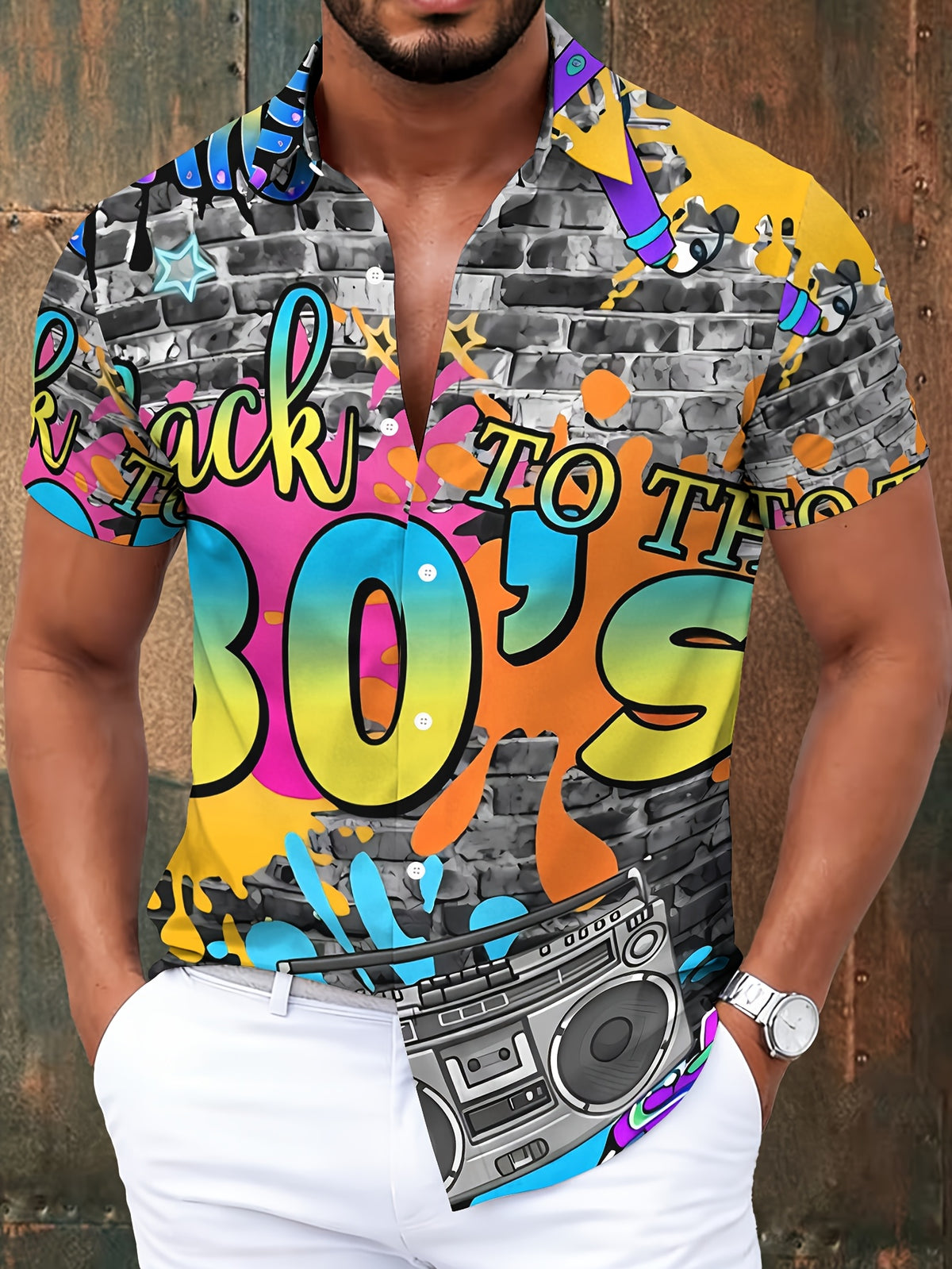 Retro Style Men's Casual Shirt Print Multicolor Back to The 80s Graffiti And Boombox Summer Pattern Highlight