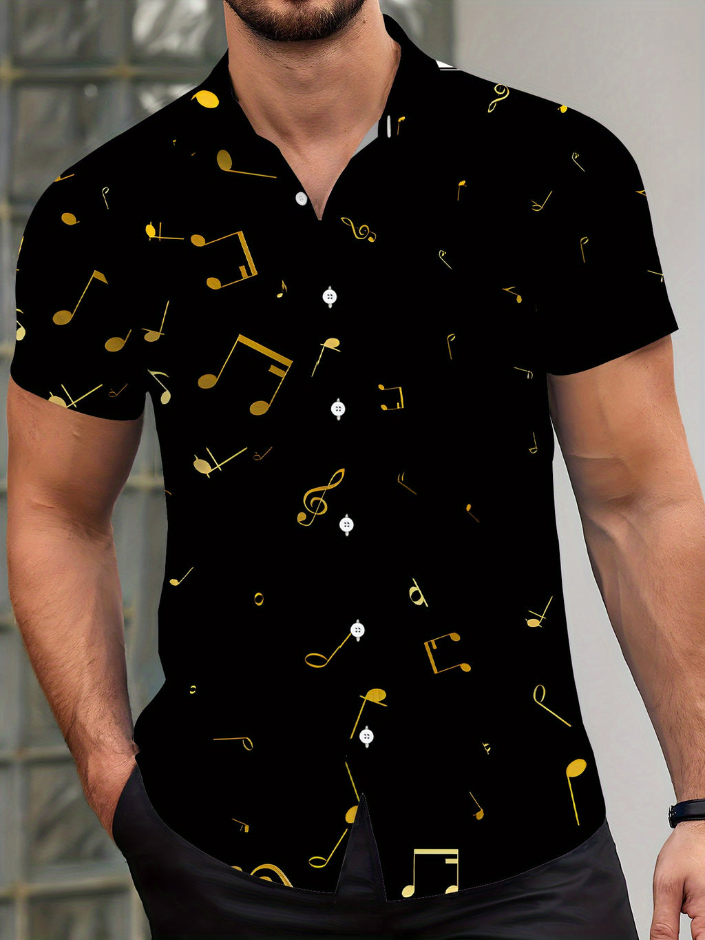 Men's Casual Short-Sleeve Shirt - Black with Golden Musical Note Print, Regular Fit Button-Up Top, Versatile for All Seasons, Beach and Daily Wear, Music-Themed Apparel, Smooth Textured Fabric