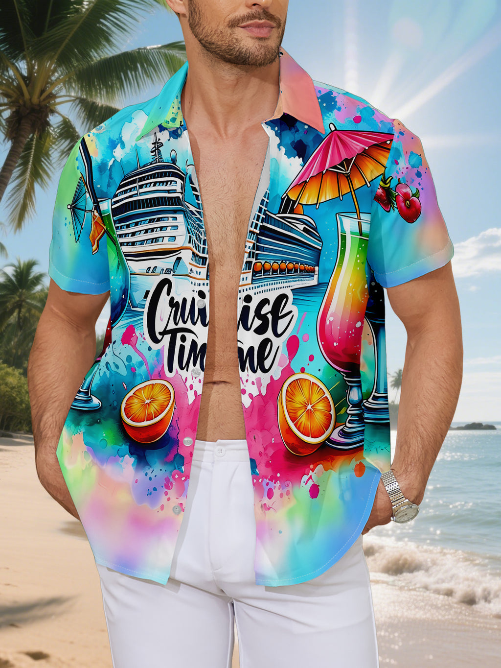 New Men'S Casual Short-Sleeve Shirt, Perfect for Cruise Moments, Vibrant Drinks Accompany Your Journey, Suitable for Holiday Gatherings And Commuting, Versatile Casual Top, Made of Machine-Washable Polyester Fabric, Button-Print Shirt