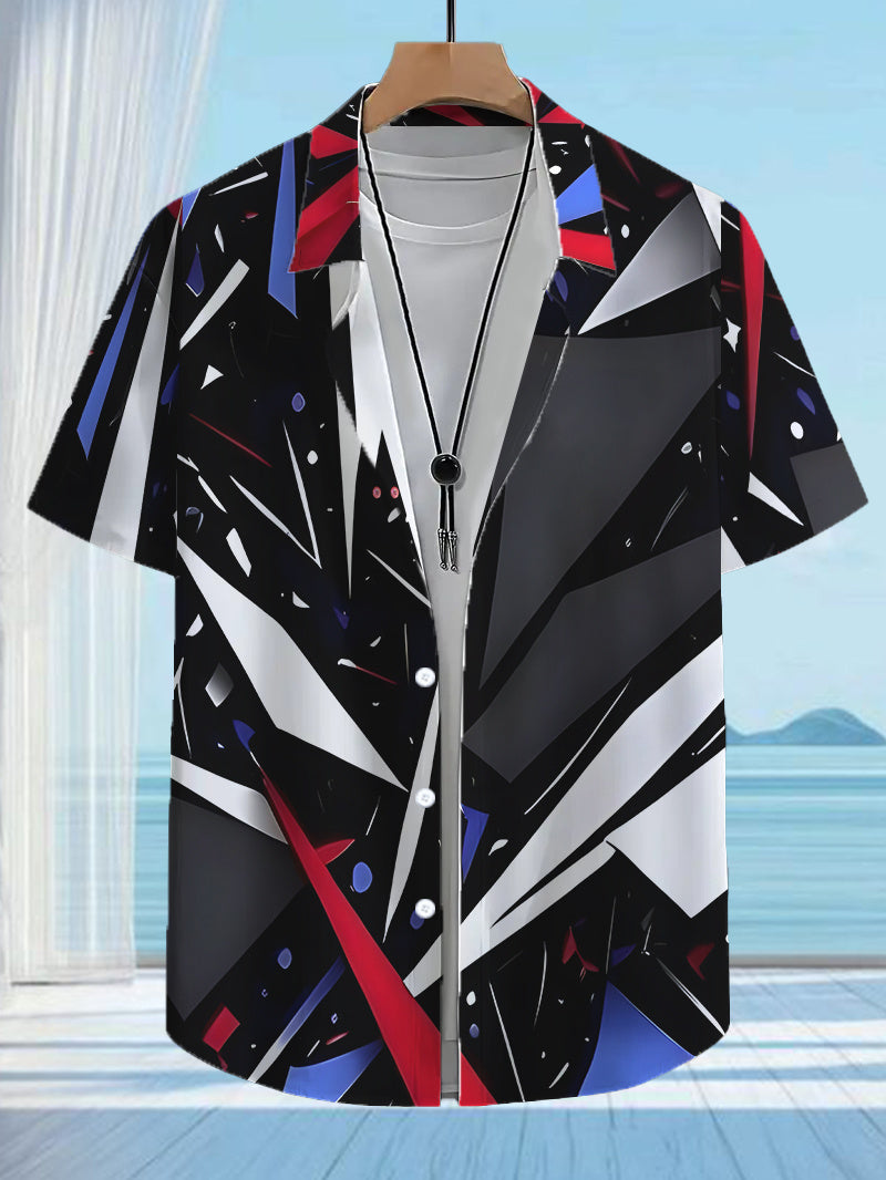 Fashionable Anime Geometric Patterned Print Shirt, Trendy Tropical Hawaiian Short-Sleeve Shirt, Casual Button-Up Men'S Shirt, Lightweight for Summer Adventures