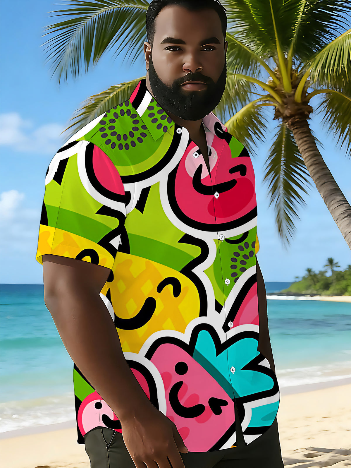Men's Short-Sleeve Shirt, Fashionable Trendy Digital Print Shirt with Cartoon Fruit in Vibrant Styles, Stylish and Elegant, Summer/Trendy/Clothing/Men's/Printed/Apparel/Streetwear