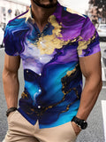 Men'S Casual Shirt, Abstract Art Design Print, Summer Golden And Purple Swirl Pattern