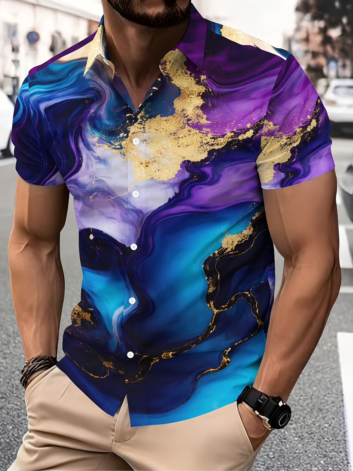 Men'S Casual Shirt, Abstract Art Design Print, Summer Golden And Purple Swirl Pattern