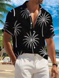 New Men'S Casual Short-Sleeve Shirt with a Black Background And White Palm Tree Prints Arranged in a Repeating Pattern, Suitable for Festive Gatherings, Commuting, And Versatile Casual Wear. Made from Machine-Washable Polyester Fabric
