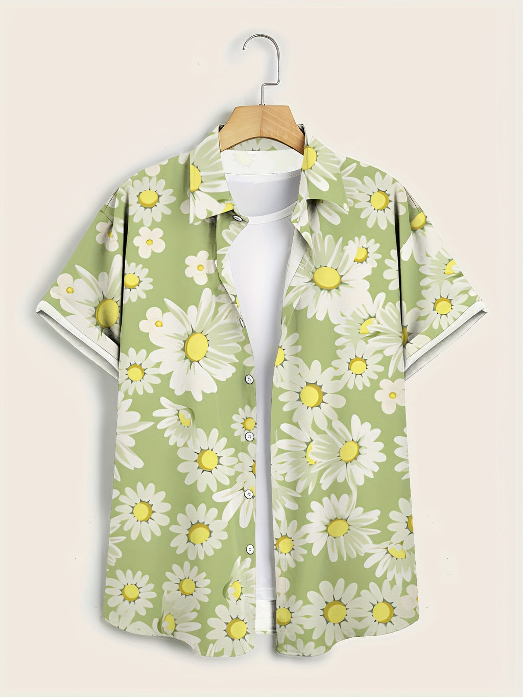 Men'S Casual Floral Short-Sleeve Button- Shirt - Light Green with White Daisy Print